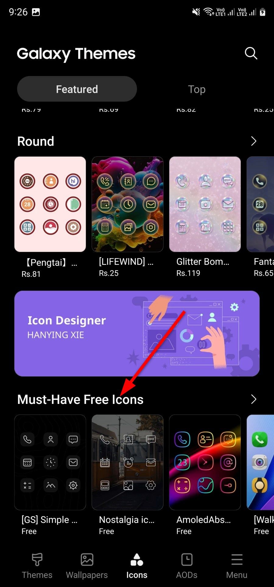 Captura de tela mostrando a seção de ícones gratuitos na loja Galaxy Themes