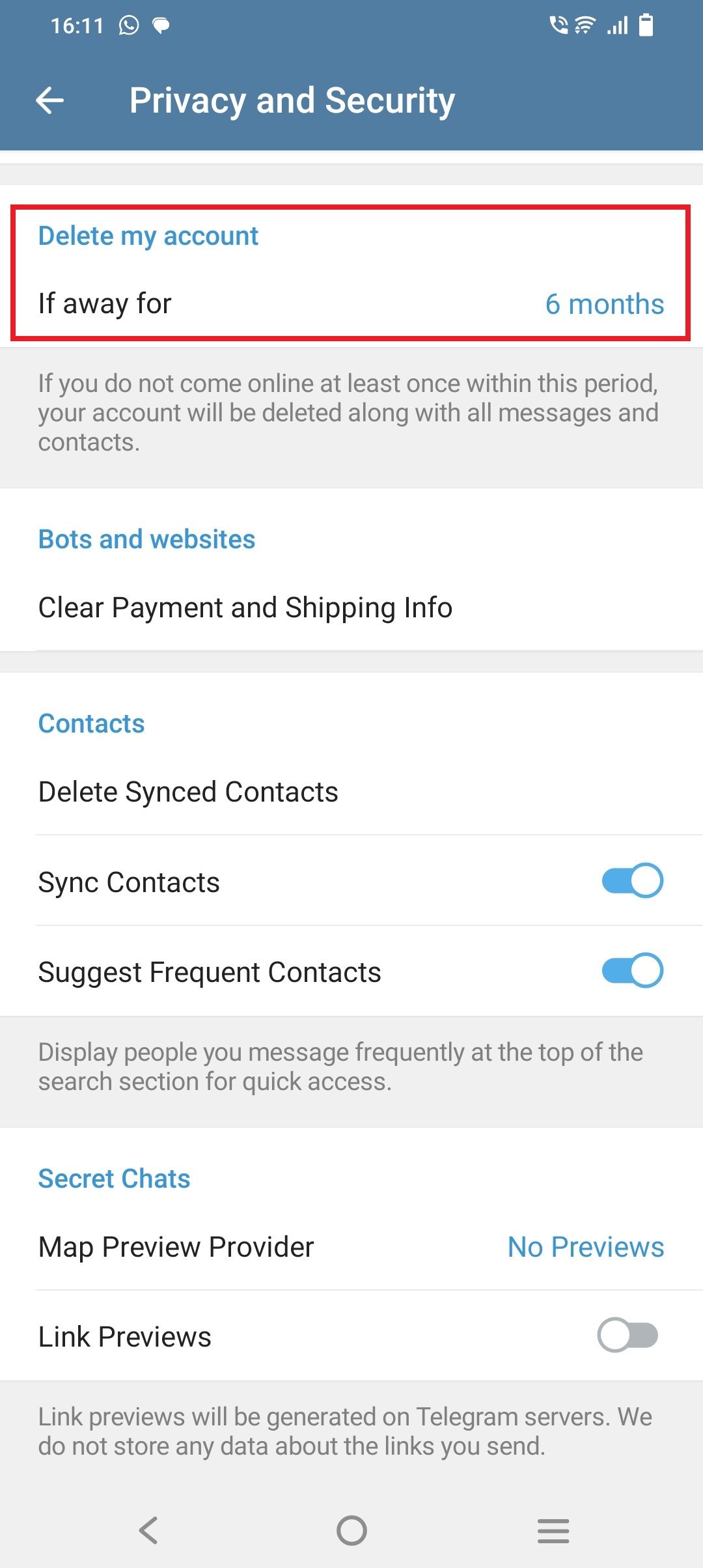 Captura de tela do menu Privacidade e Segurança do Telegram, destacando a opção ‘Excluir minha conta’.