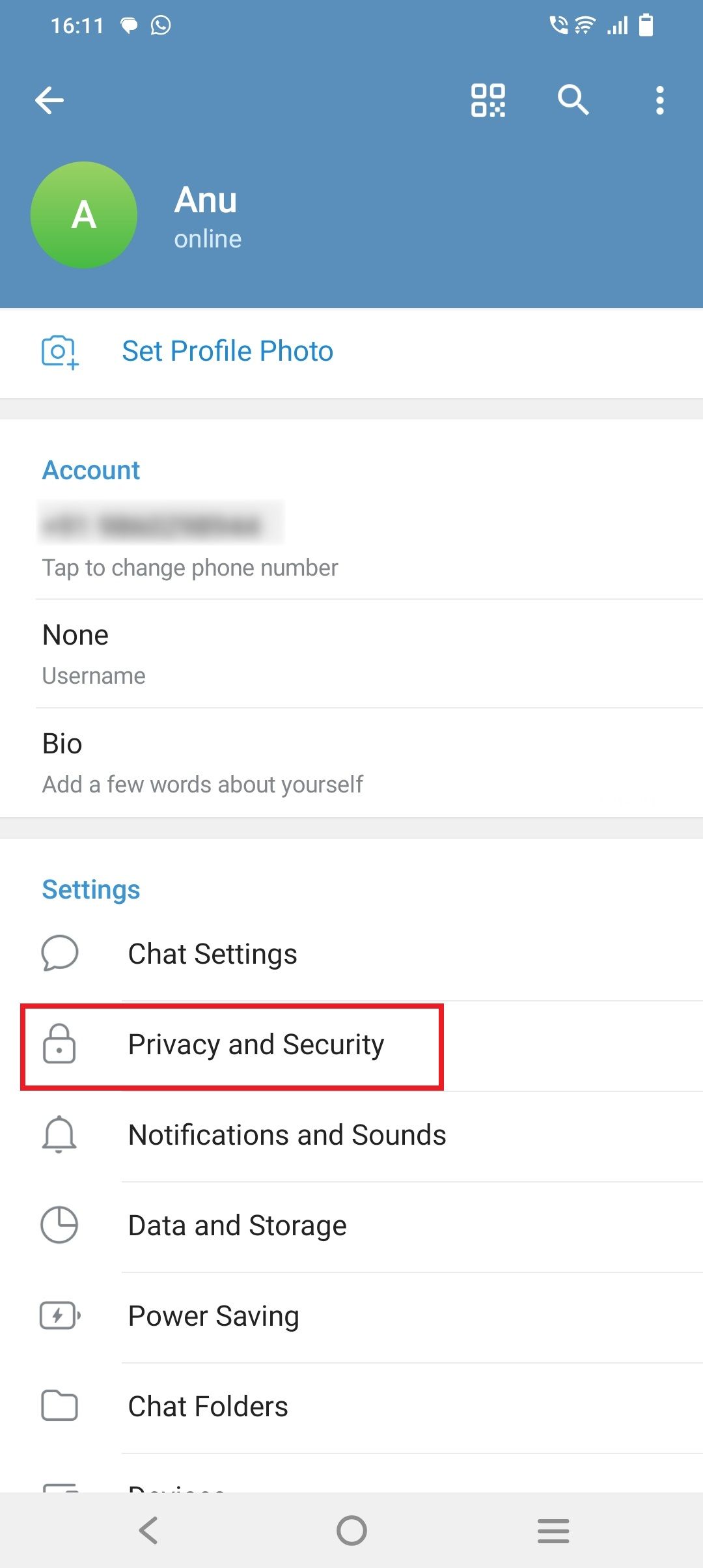 Captura de tela do menu Configurações do Telegram, destacando a opção Privacidade e Segurança.
