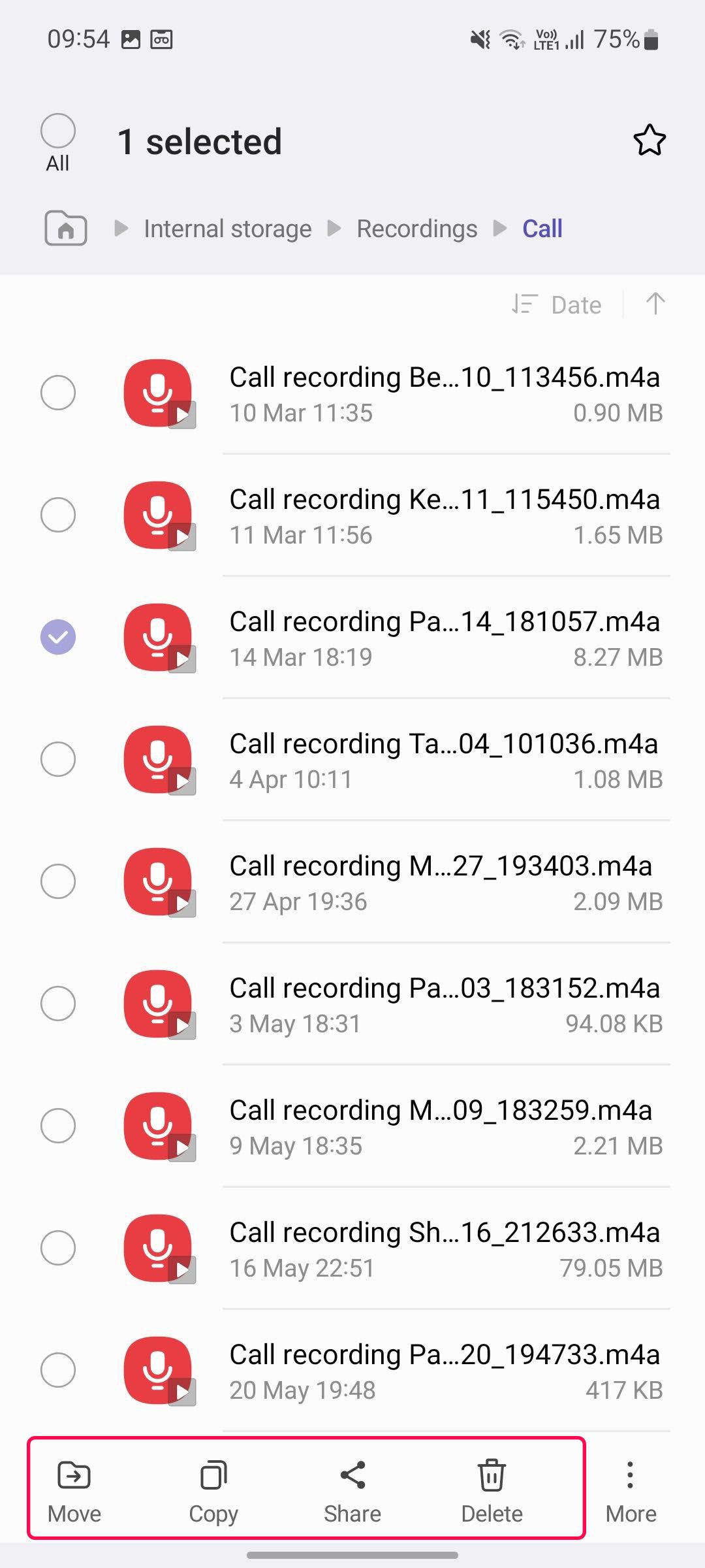 Opções de compartilhamento de gravação de chamadas no telefone Samsung