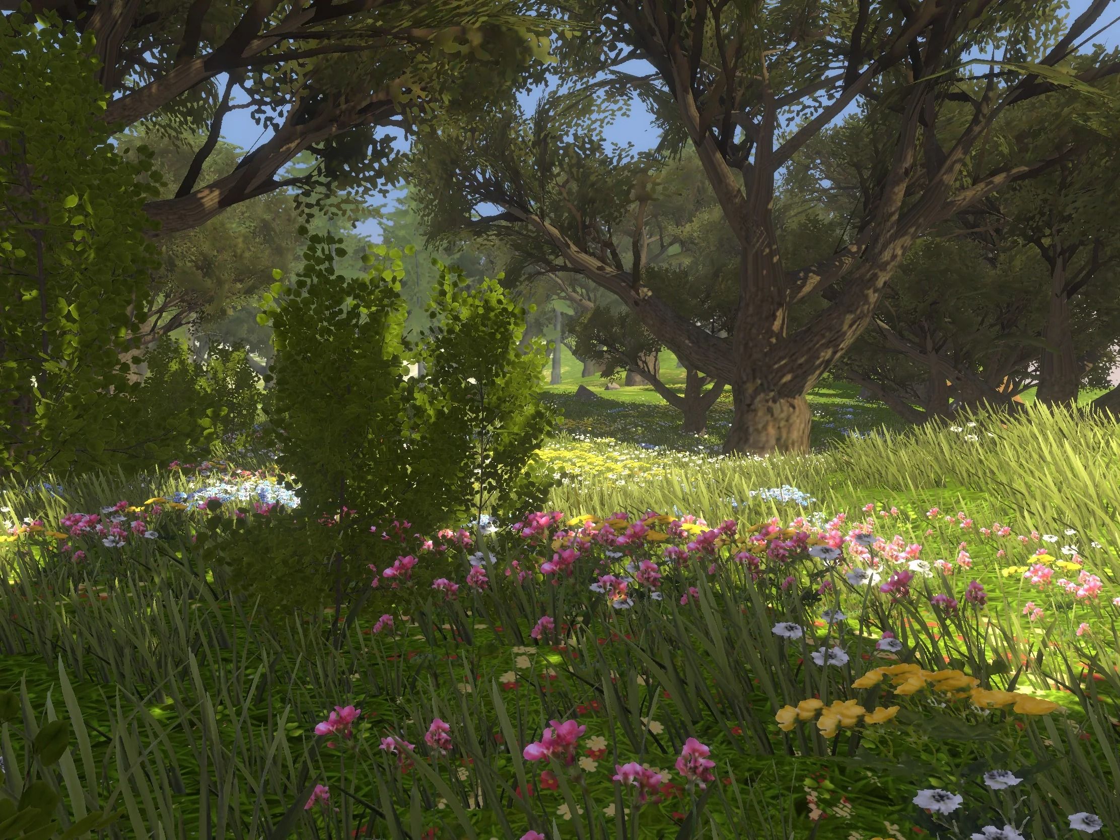captura de tela ambiental sem natureza selvagem mostrando grama alta com flores, arbustos e árvores rosa, brancas e amarelas
