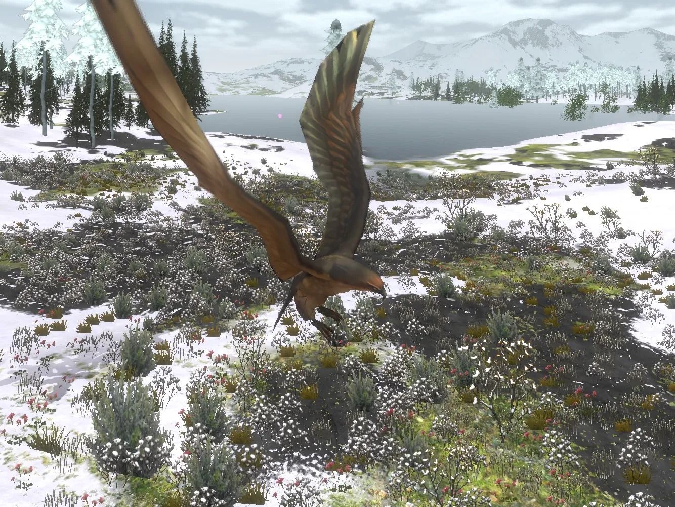 captura de tela sem natureza selvagem mostrando uma águia voando acima de uma planície parcialmente nevada
