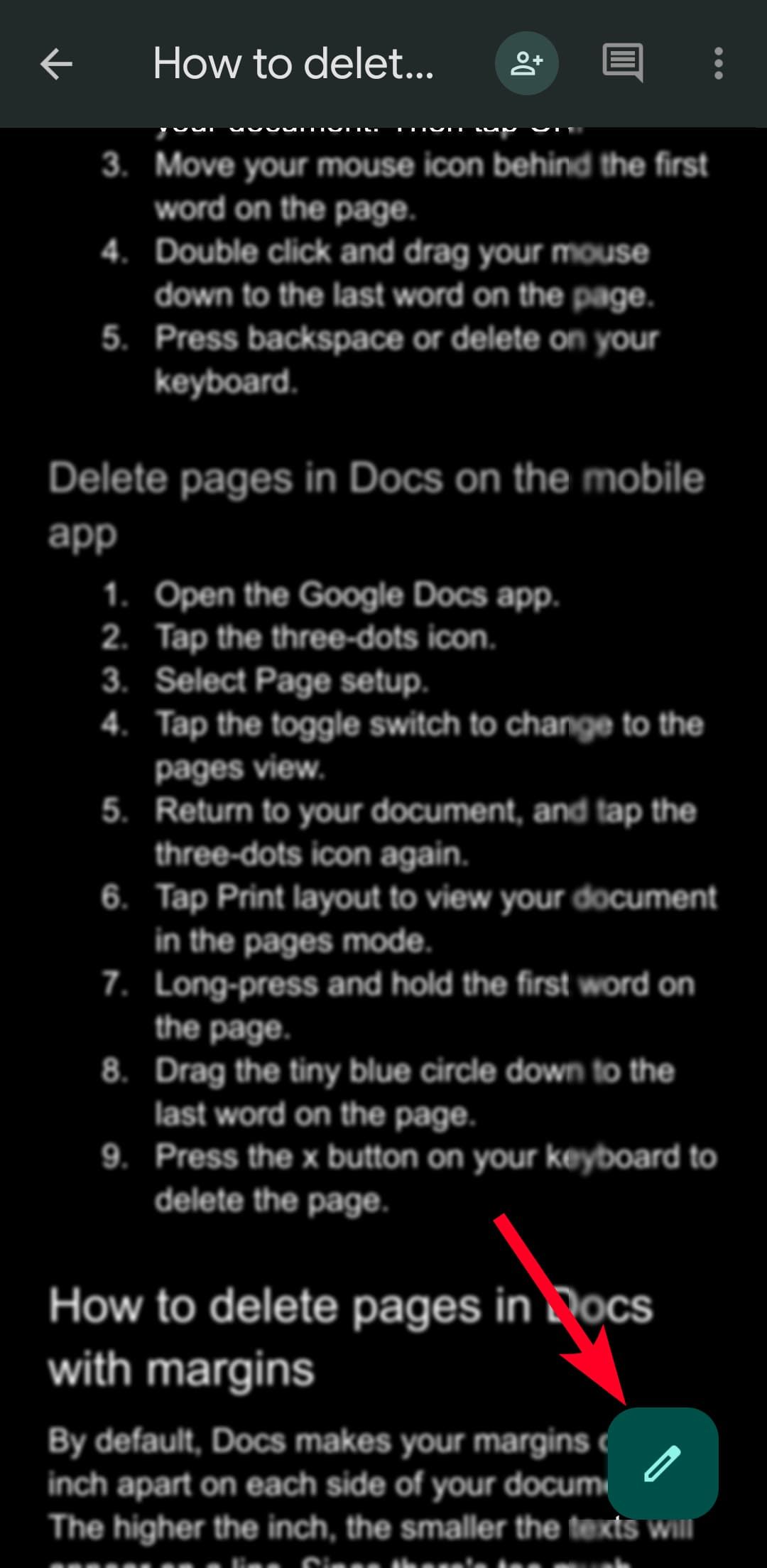 Ícone de caneta para iniciar o modo de edição no aplicativo Google Docs para dispositivos móveis