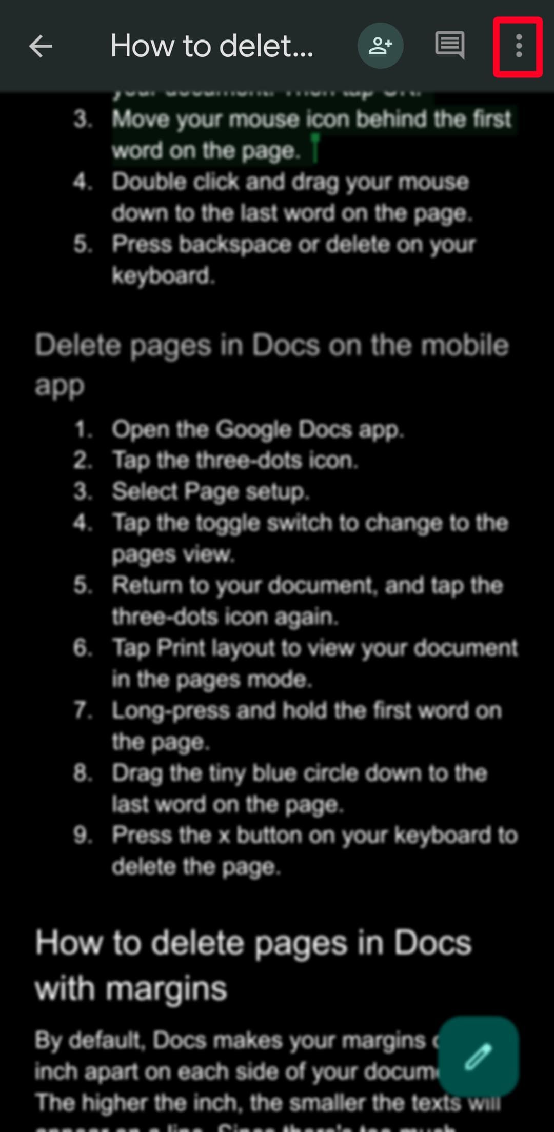 Ícone de menu de três pontos no aplicativo móvel Google Docs