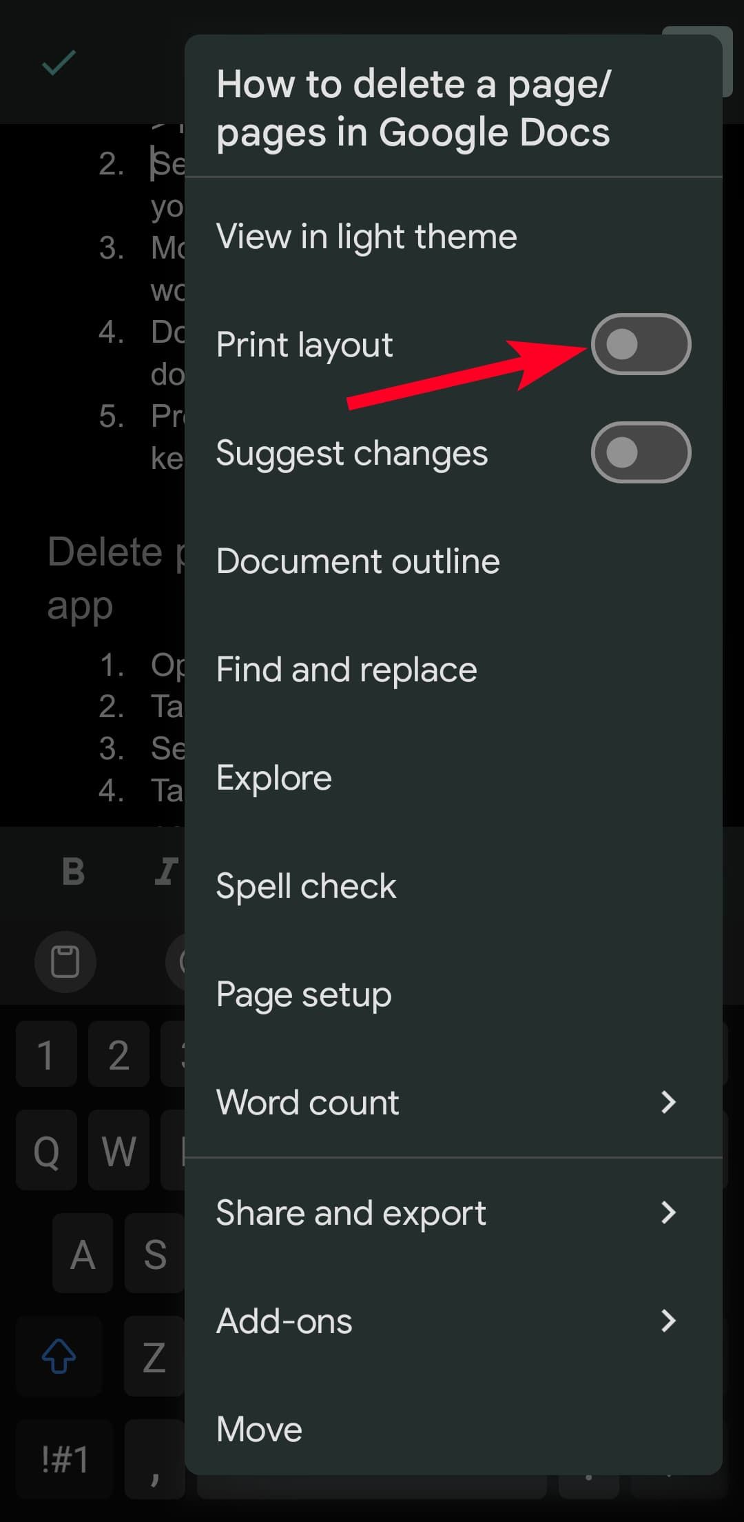 Opção de layout de impressão no aplicativo móvel Google Docs