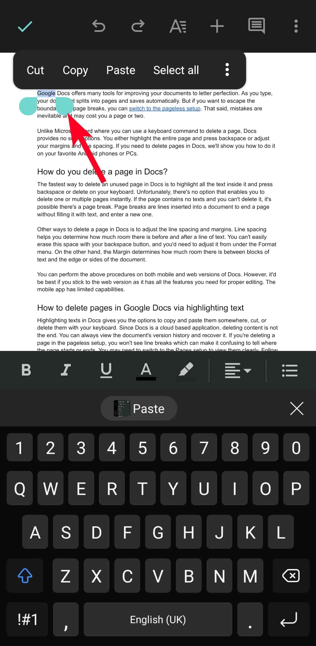 Destacando texto no aplicativo móvel Google Docs