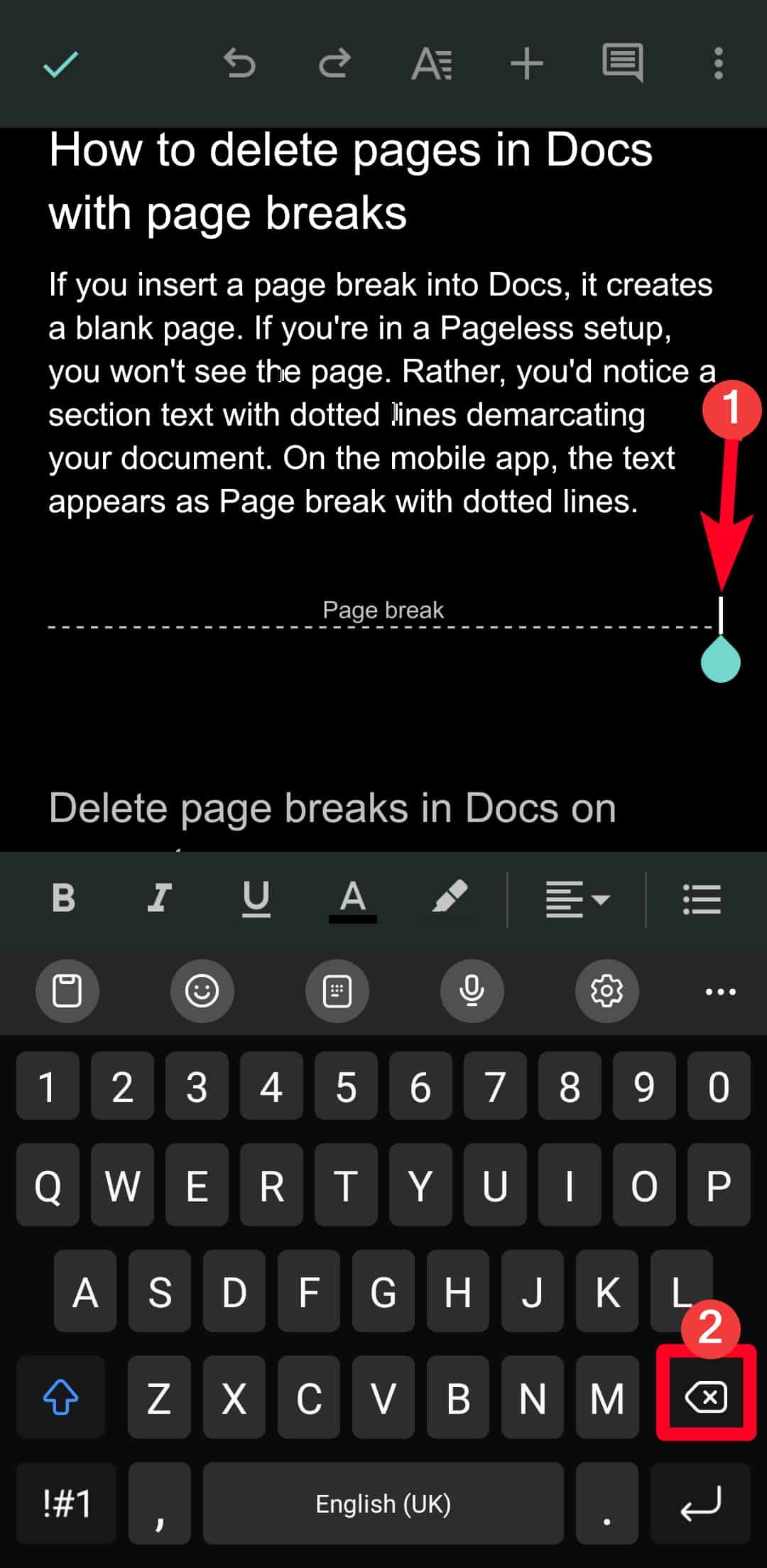 Removendo uma quebra de página no aplicativo móvel Google Docs