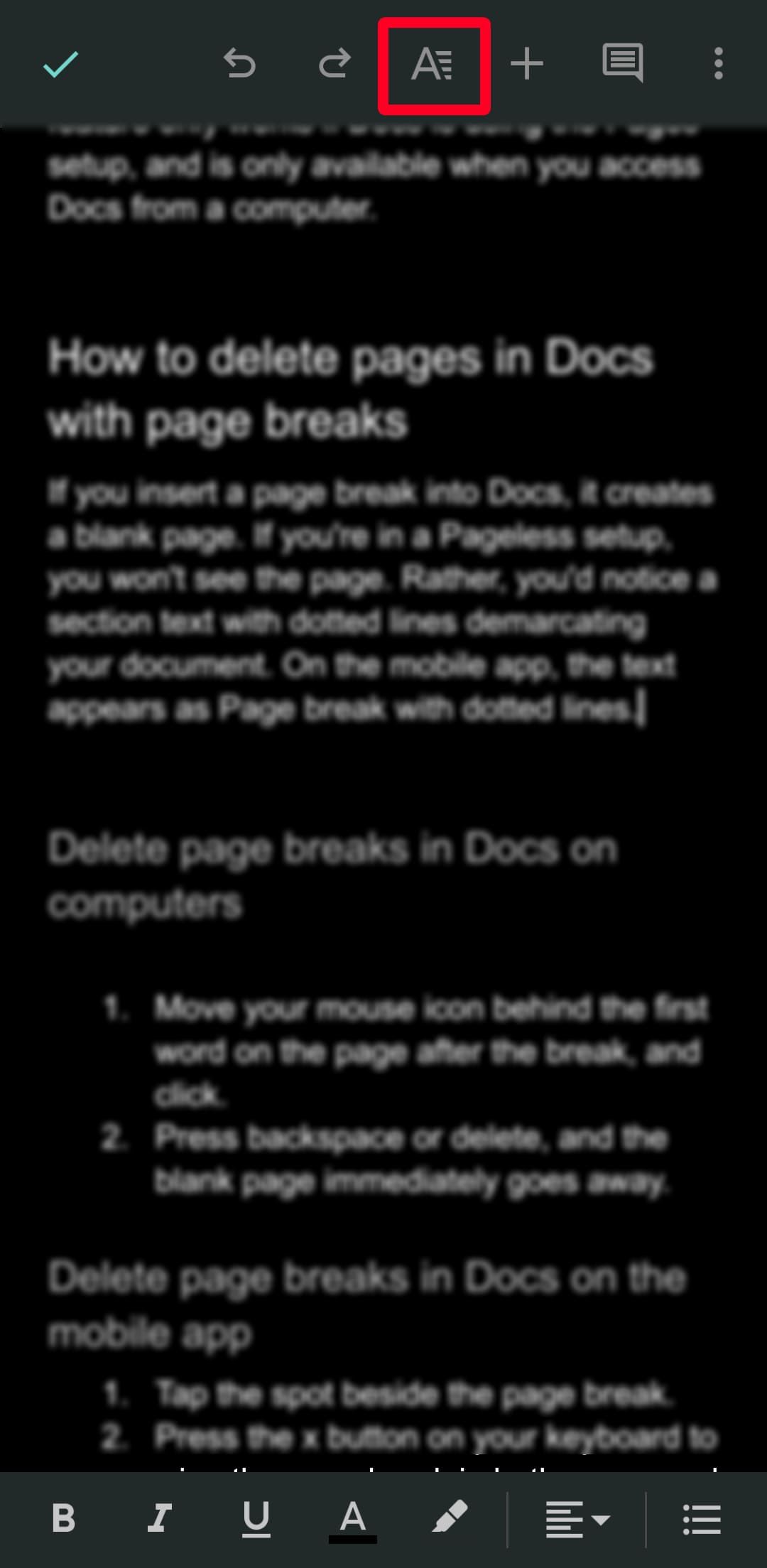 Ícone de formato no aplicativo Google Docs para dispositivos móveis
