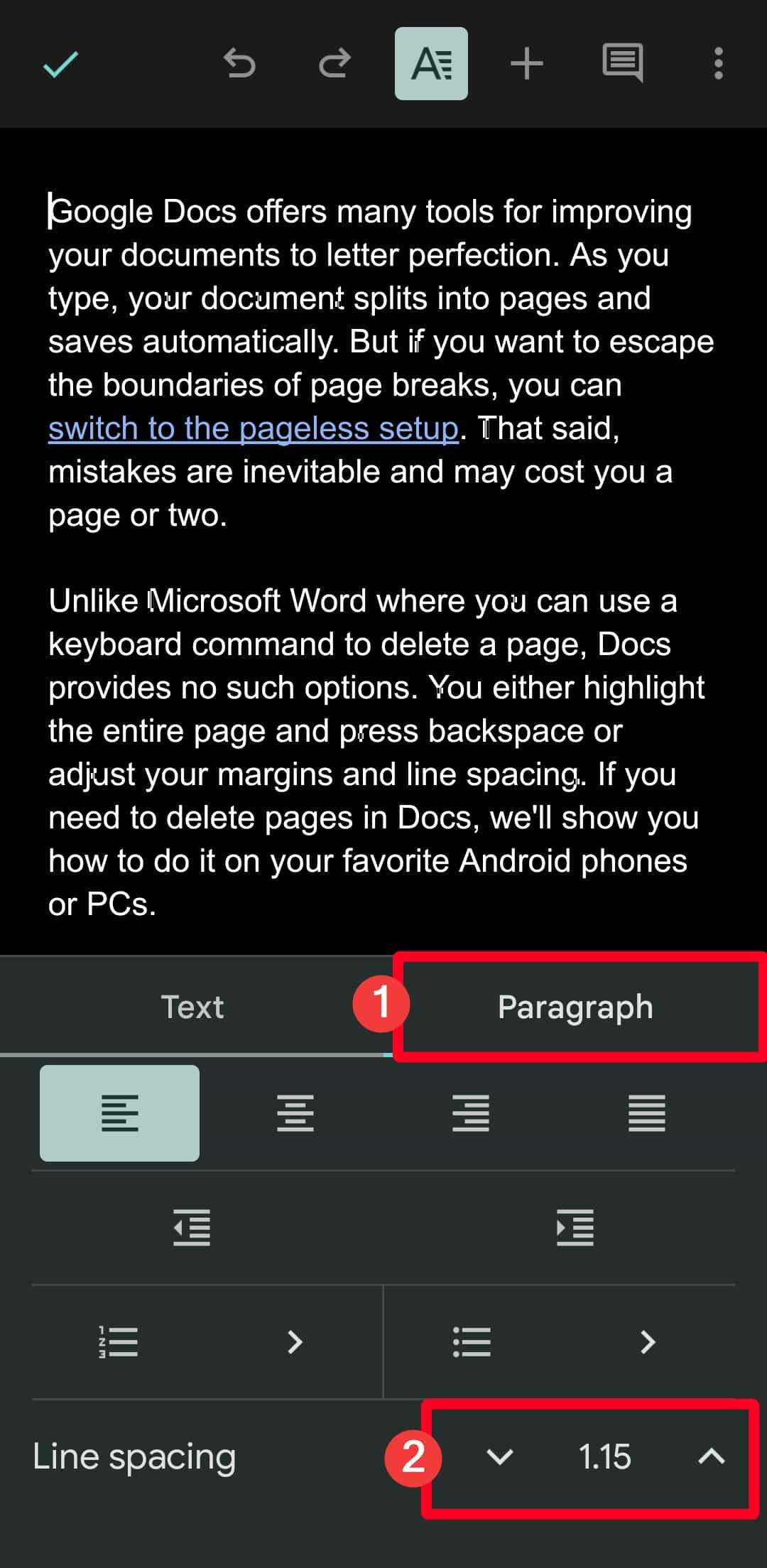 Ajustando o espaçamento personalizado no aplicativo móvel Google Docs