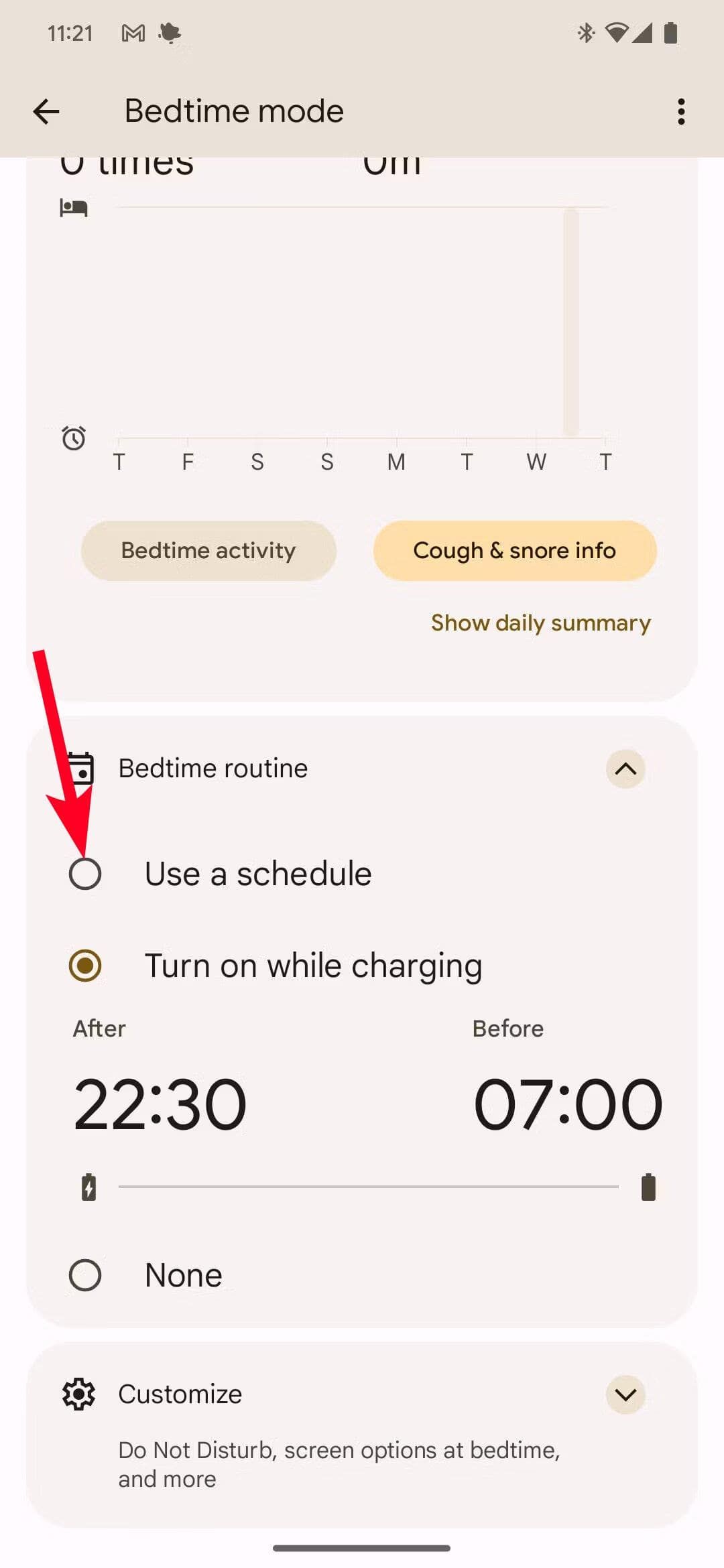 Captura de tela das configurações da rotina Hora de dormir do Android