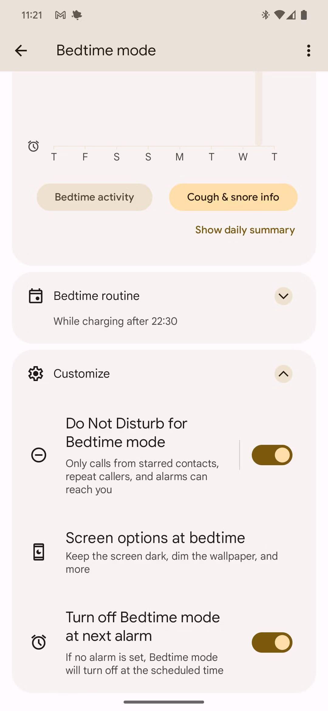 Captura de tela do menu de personalização do modo hora de dormir do Android