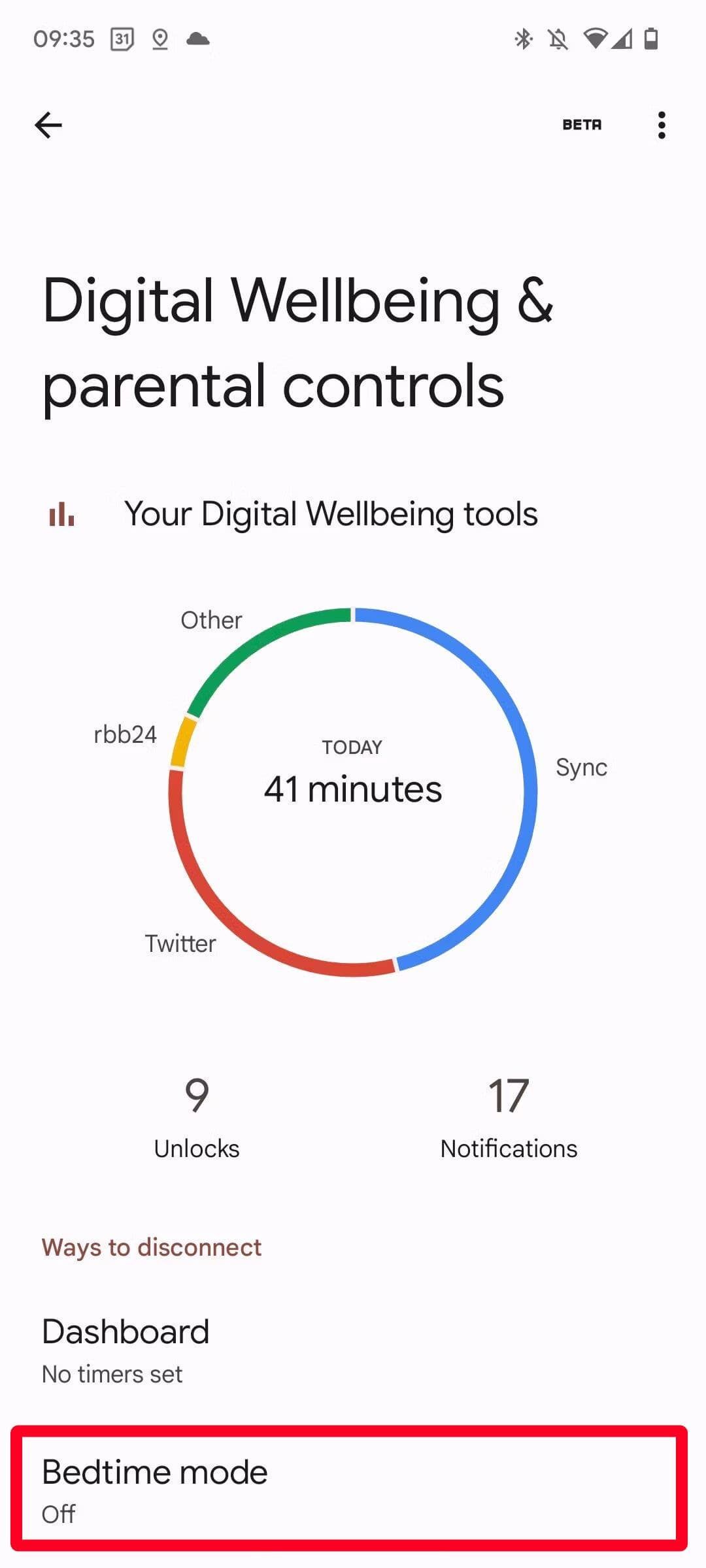 Captura de tela do menu Android Digital Wellbeing e controle dos pais.