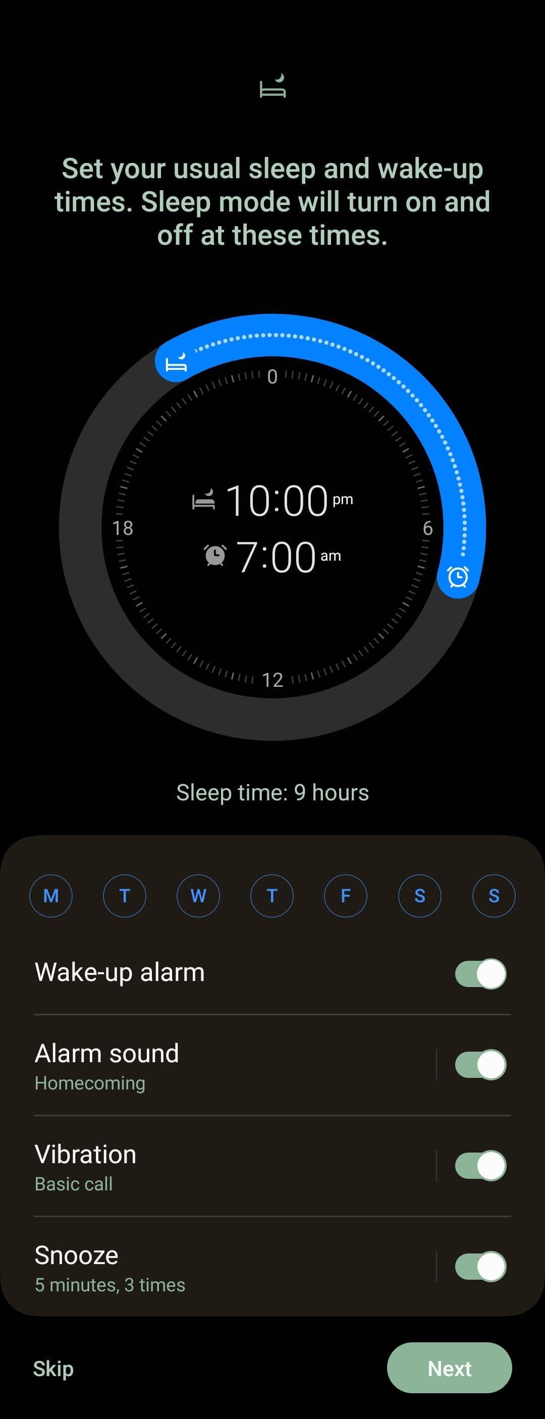 Captura de tela da criação do horário de sono no menu Modos e Rotinas no Samsung