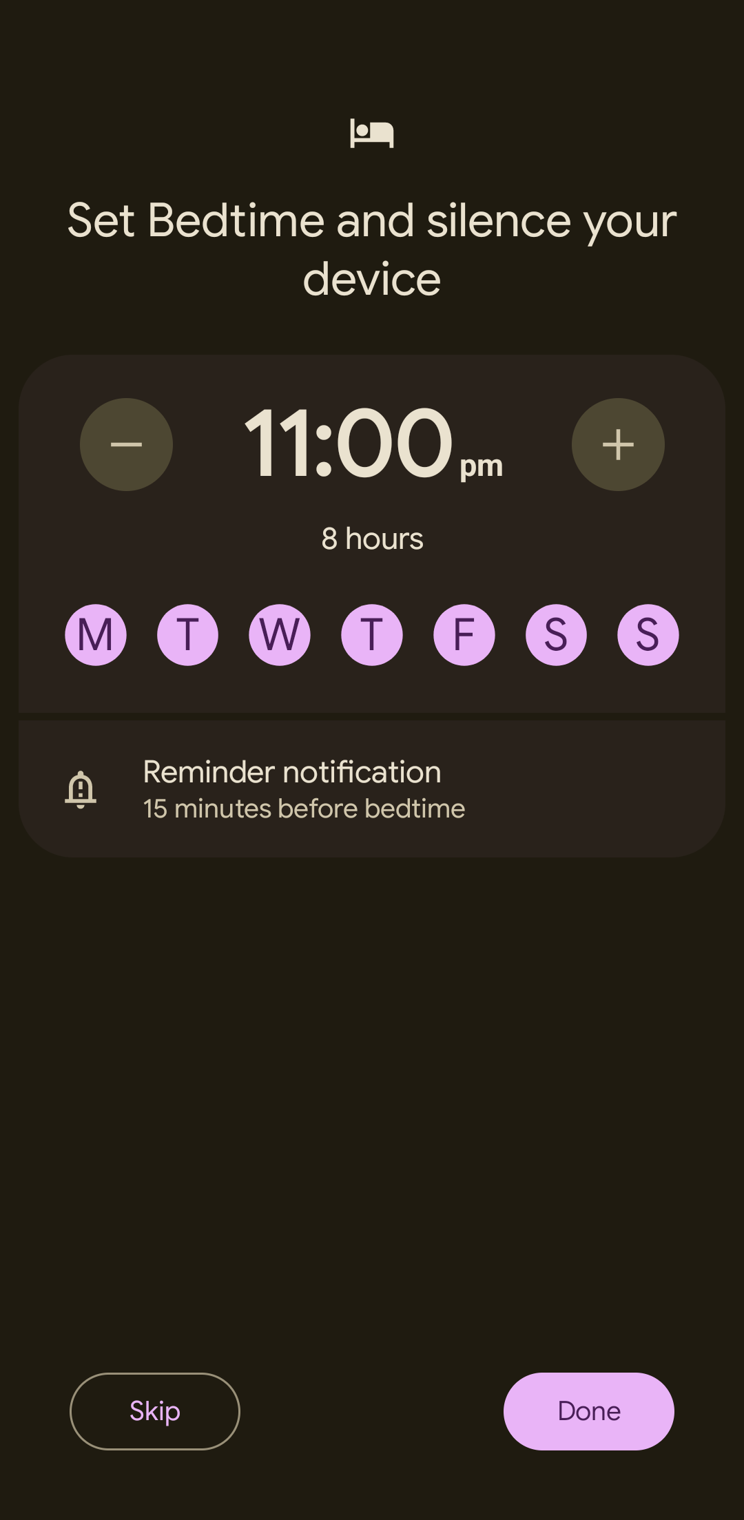 Captura de tela do app Google Clock mostrando as configurações do alarme para dormir