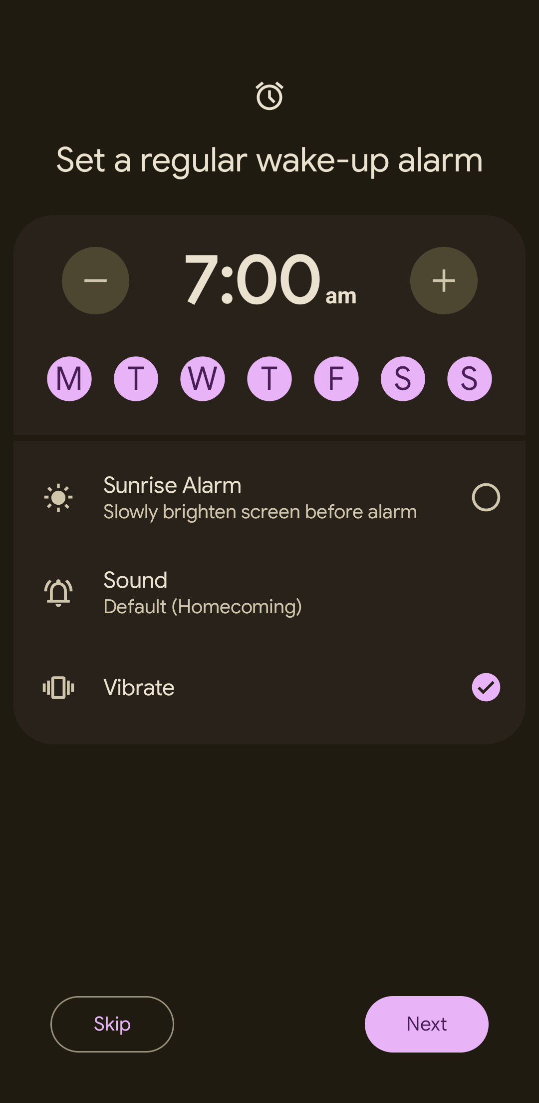 Captura de tela do aplicativo Google Clock mostrando as configurações do alarme