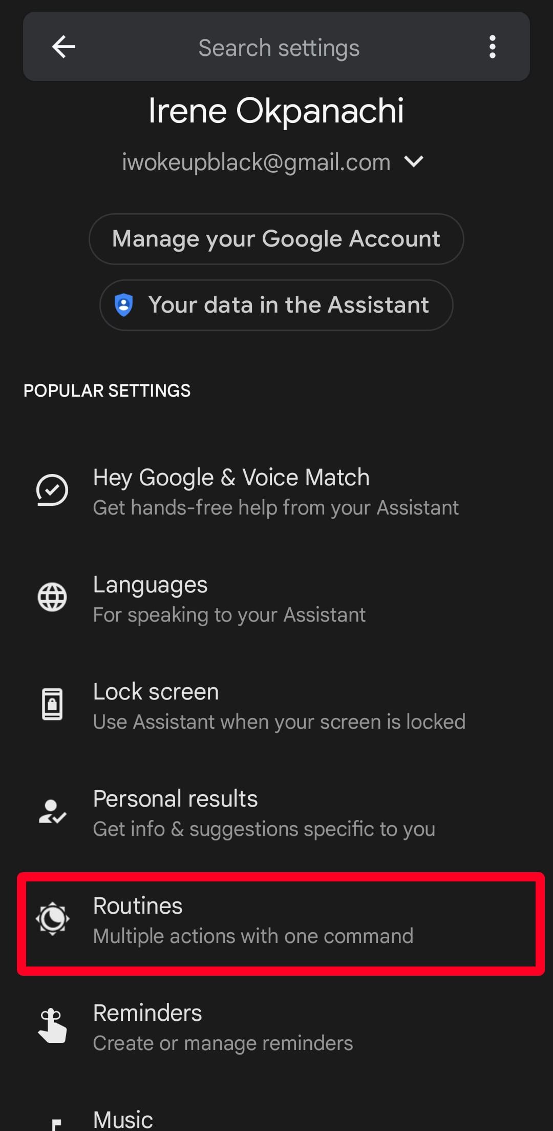 Captura de tela do menu de configurações do Google Assistente