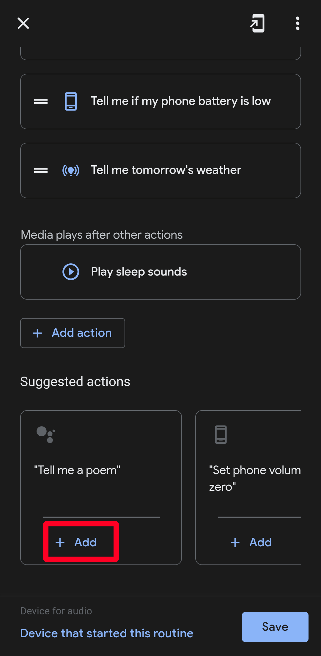 Ações sugeridas no menu de rotina Hora de dormir do Google Assistente
