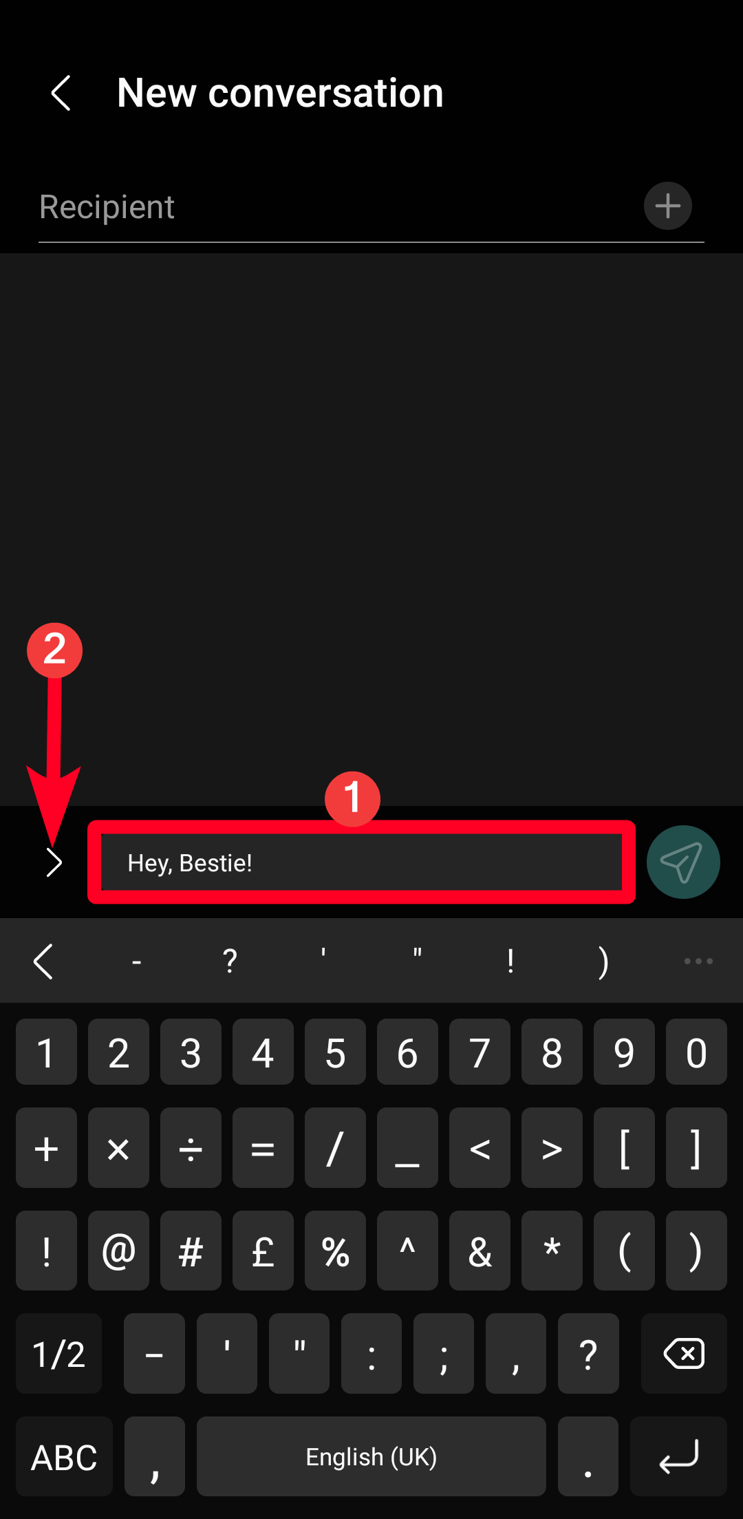 Digitando uma mensagem no menu Nova conversa no aplicativo Samsung Messages