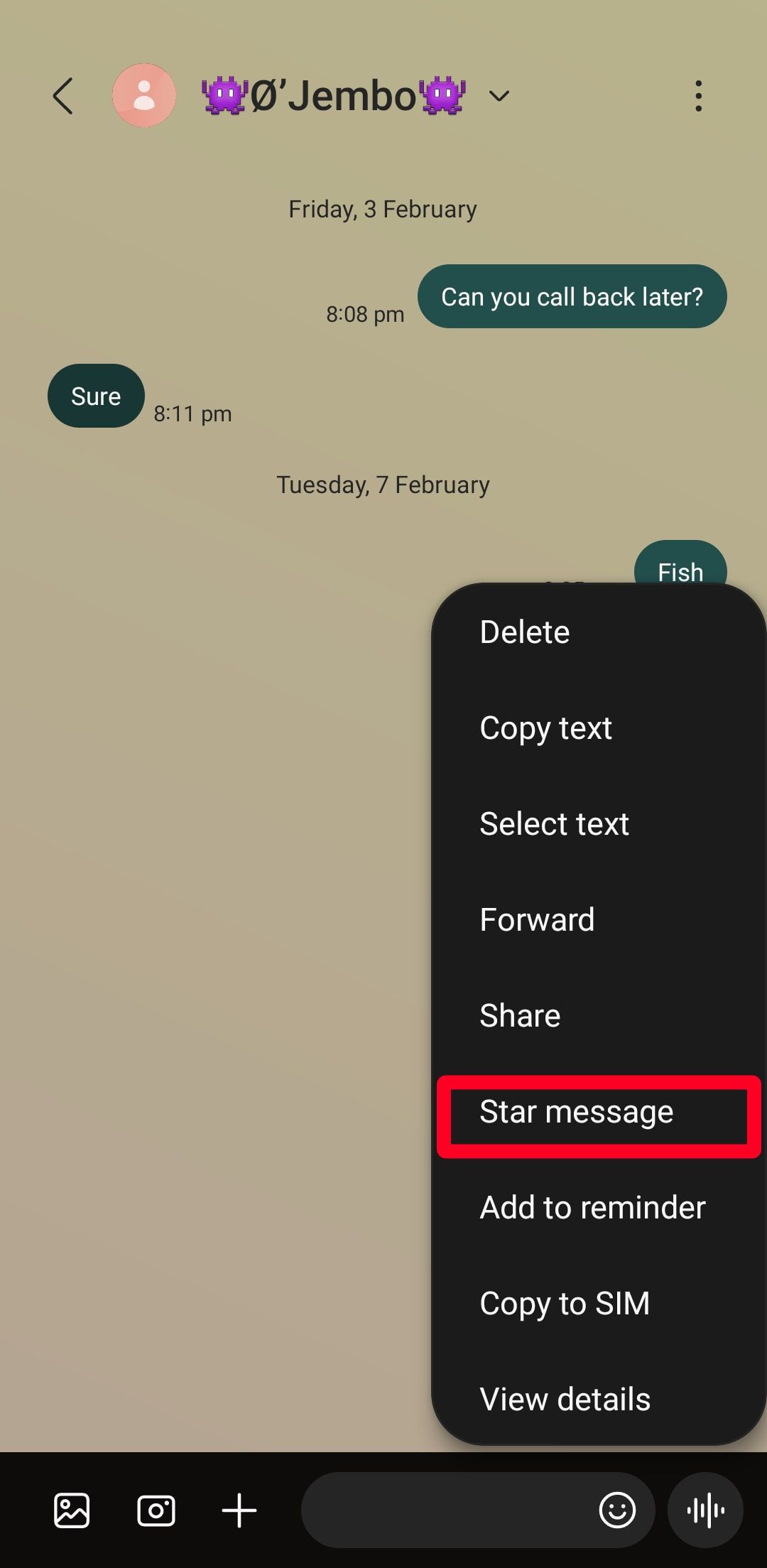 Opção de mensagem com estrela no aplicativo Samsung Messages
