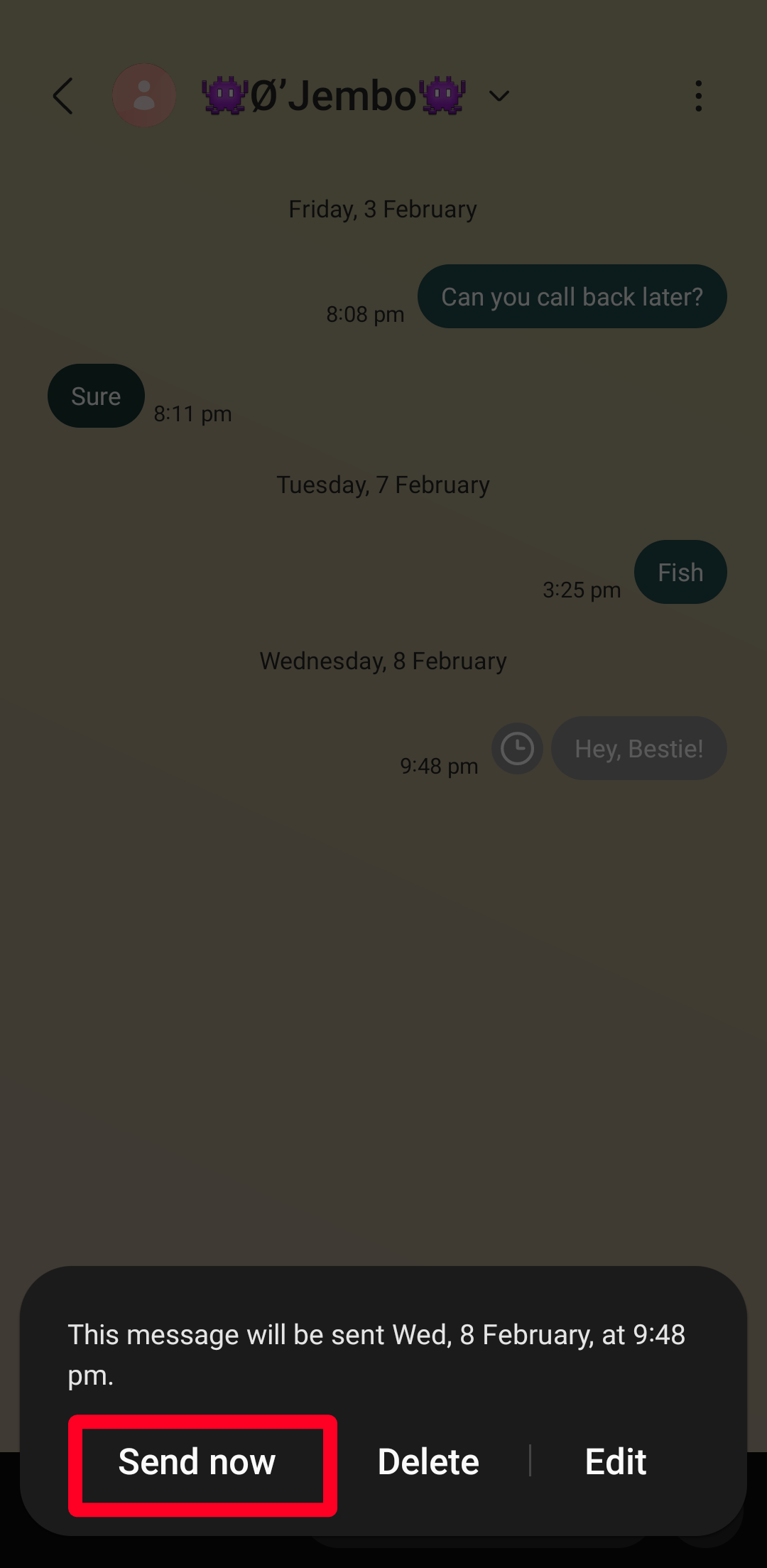 Opção Enviar agora para texto programado no aplicativo Samsung Messages