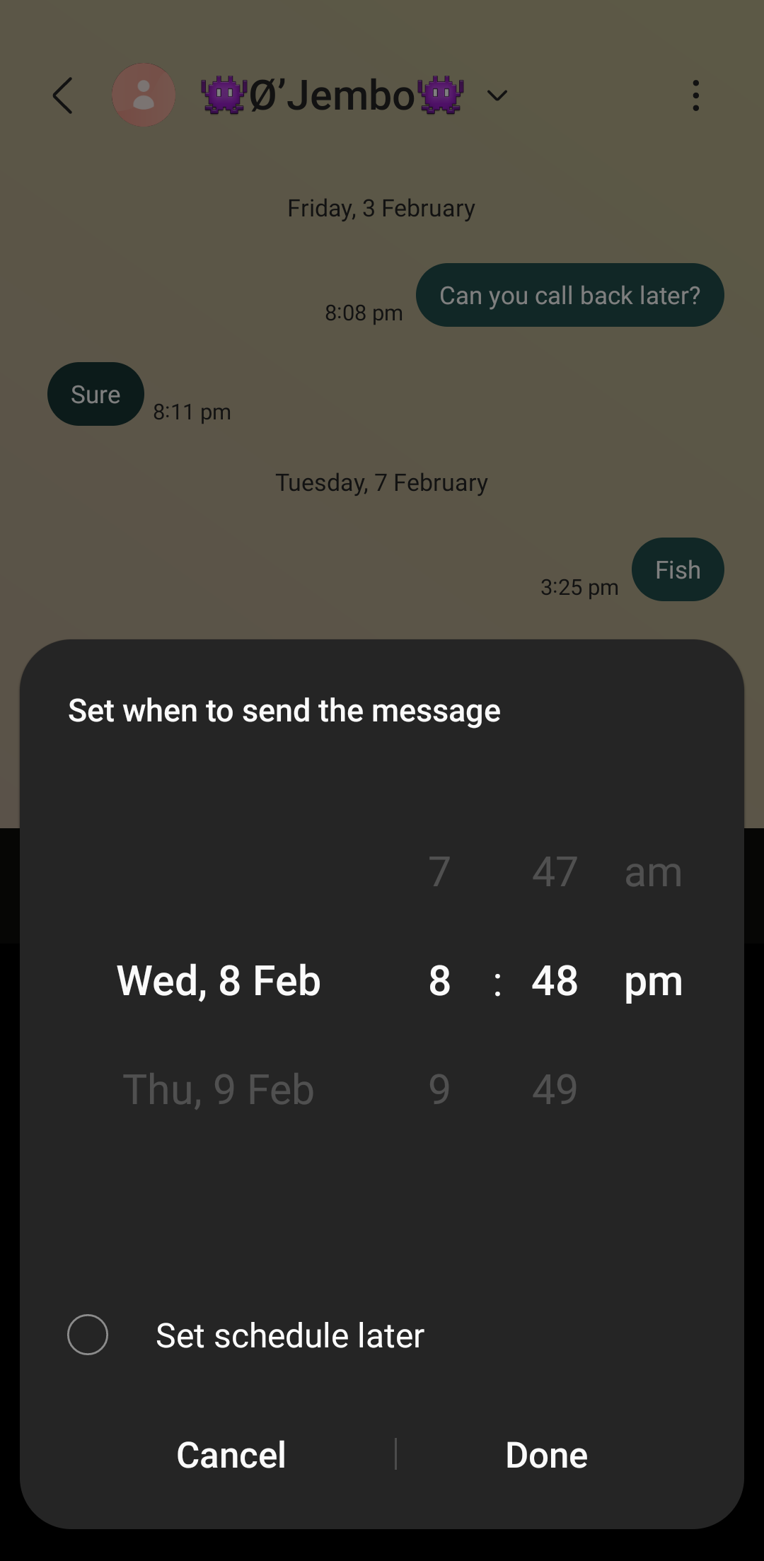 Relógio para agendar mensagens no aplicativo Samsung Message