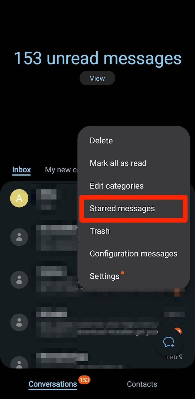 Selecionando a opção Mensagens com estrela no menu Mensagens Samsung