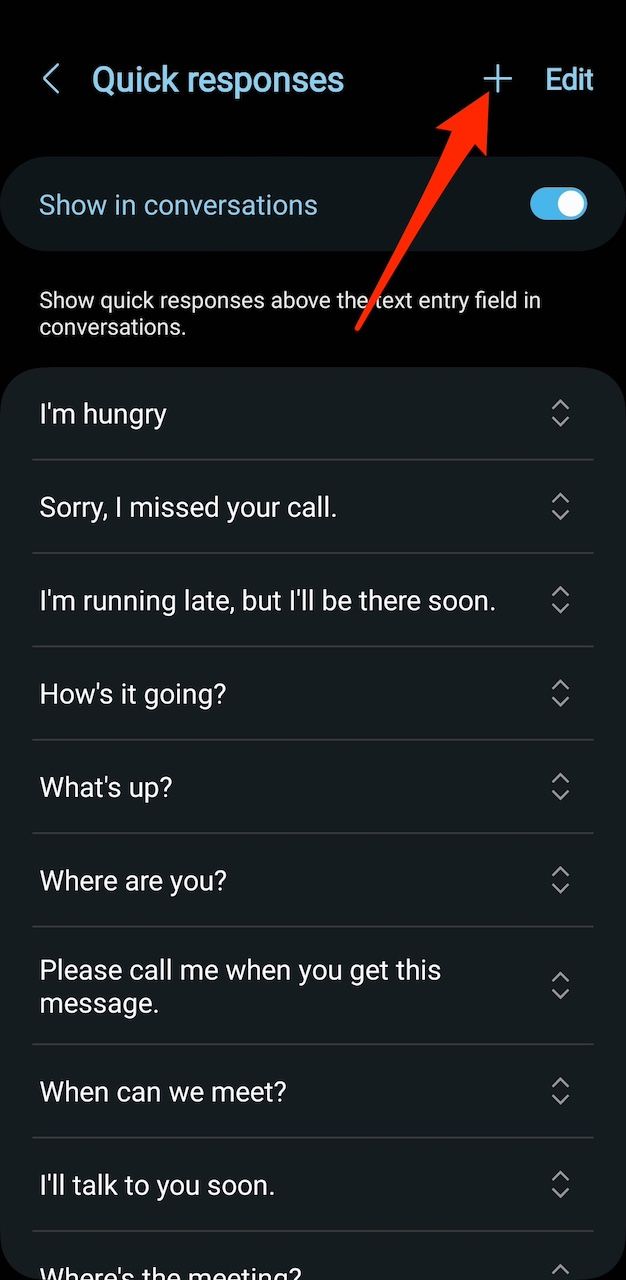 Menu de respostas rápidas no Samsung Messages