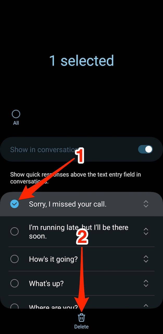 Excluindo uma resposta rápida em aplicativos Samsung Messages