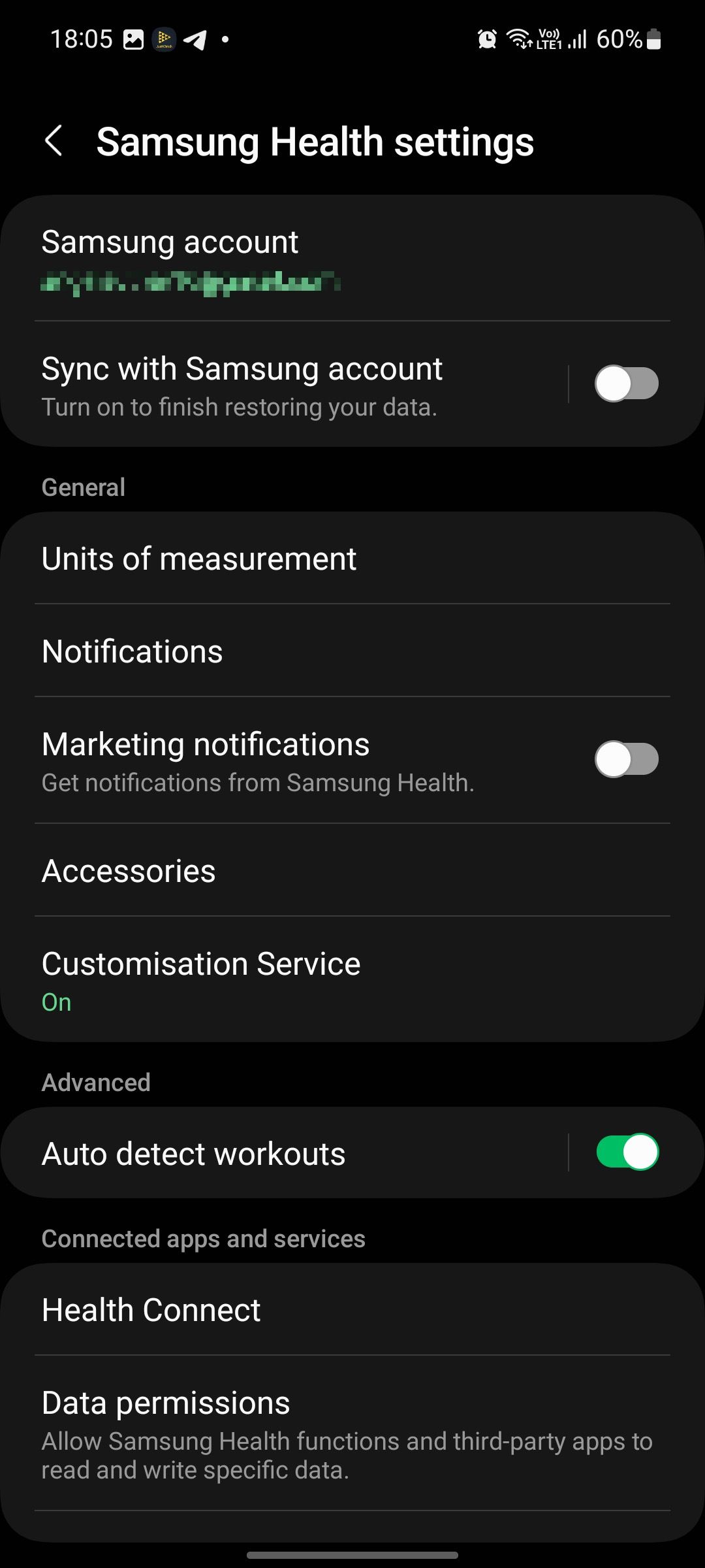 Menu Configurações de saúde Samsung