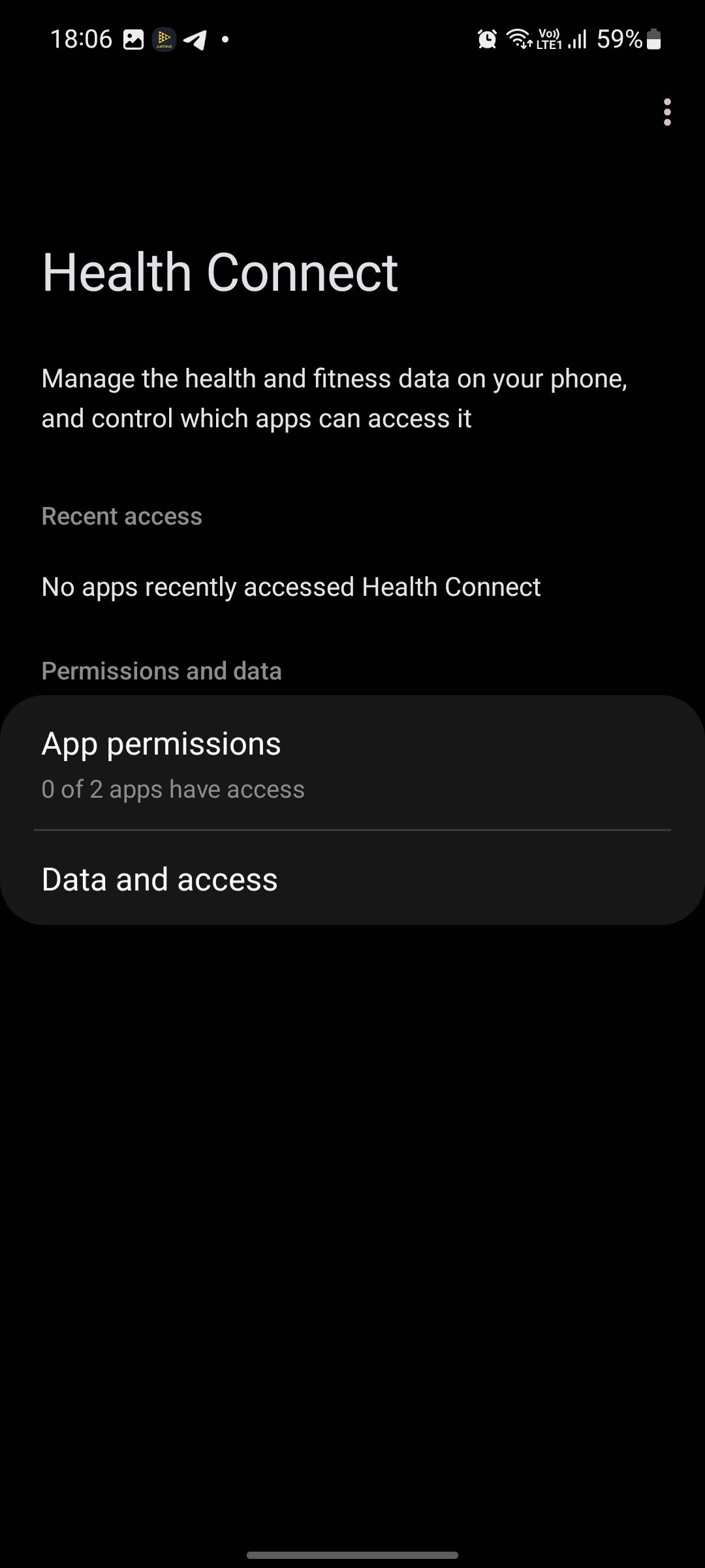 Health Connect - menu de permissões do aplicativo