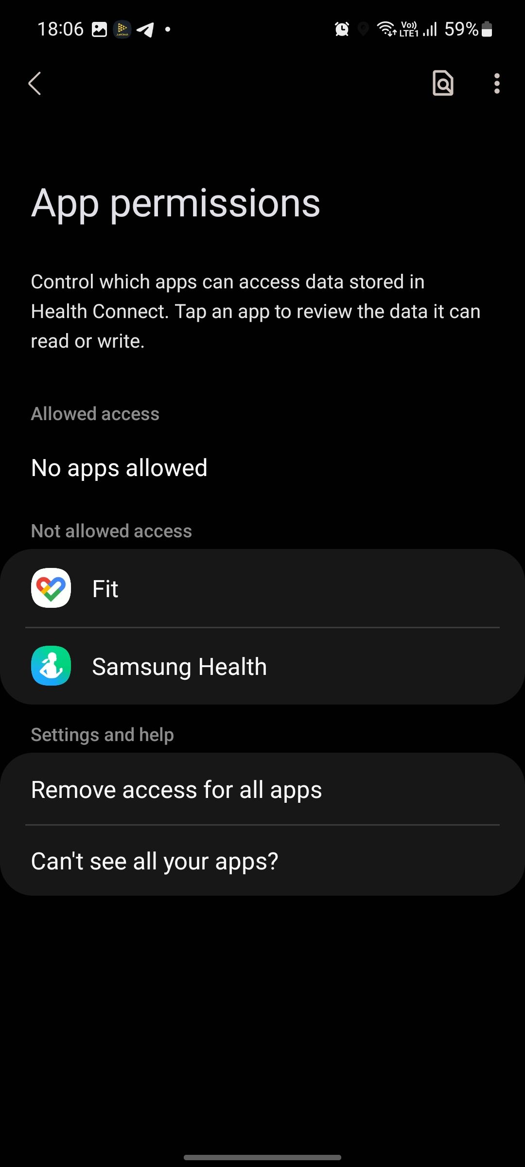 Lista de permissões do aplicativo Health Connect