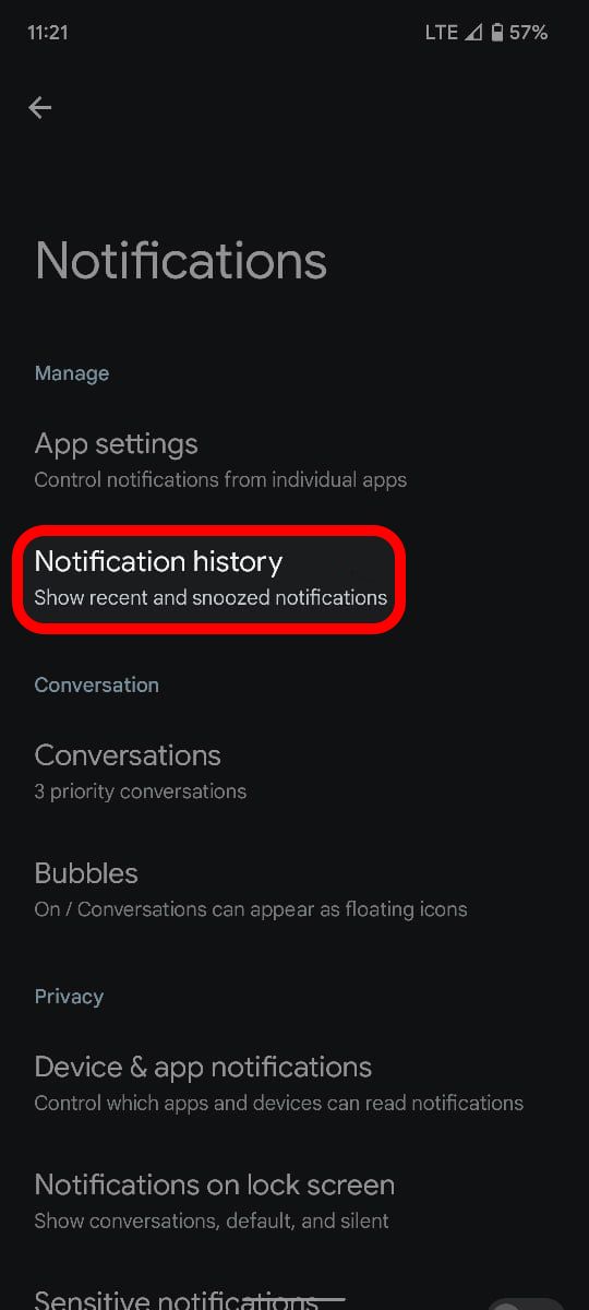 Menu Notificações do Android destacando a opção Histórico de notificações