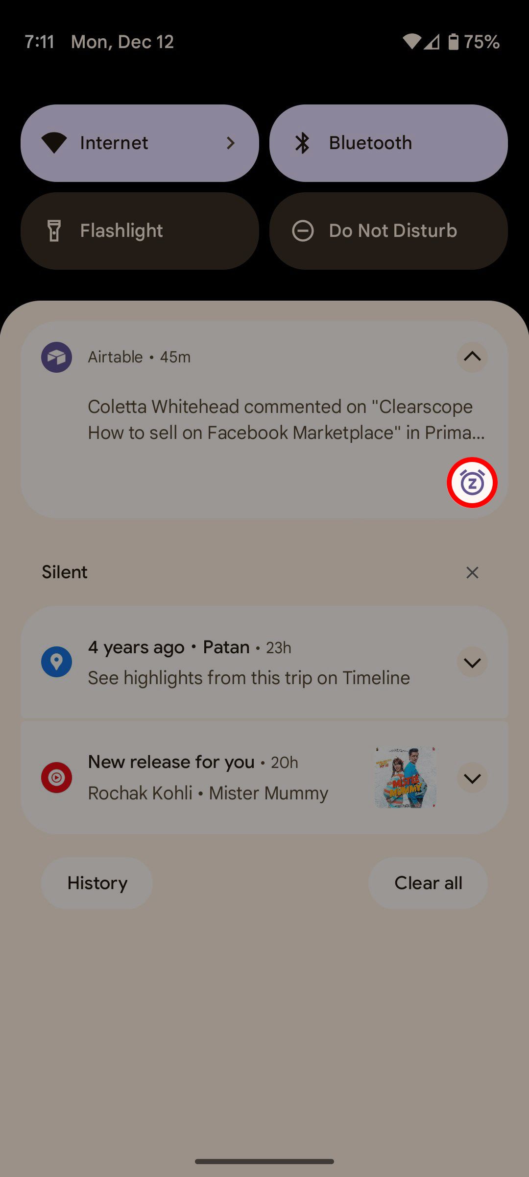Botão de suspensão de notificações do Android