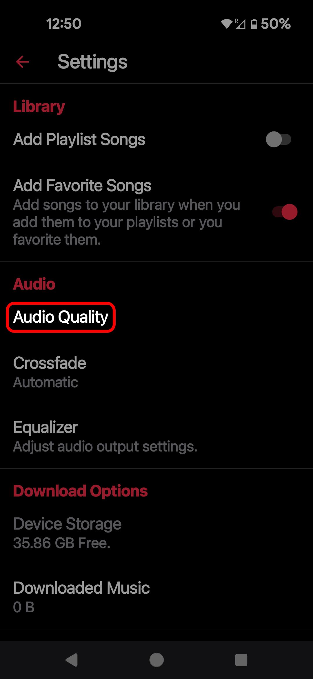 Menu de configurações do aplicativo Apple Music para Android destacando a opção Qualidade de áudio