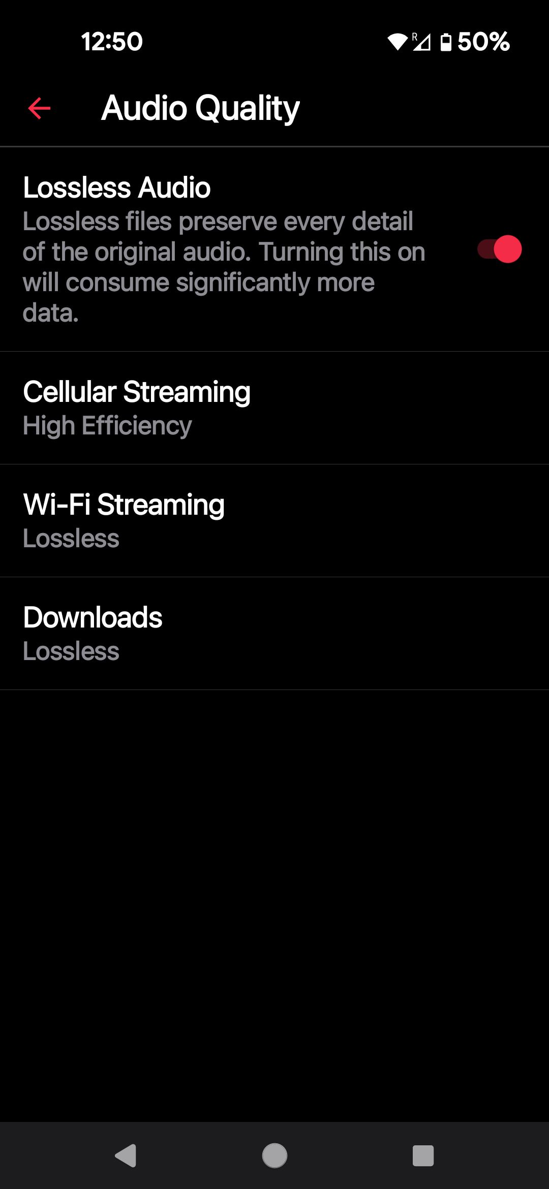 Menu Qualidade de áudio do aplicativo Apple Music para Android