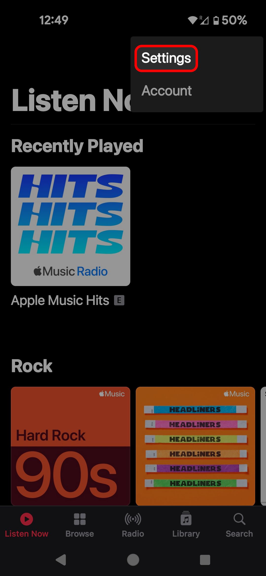 Menu de três pontos do aplicativo Apple Music para Android destacando a opção Configurações