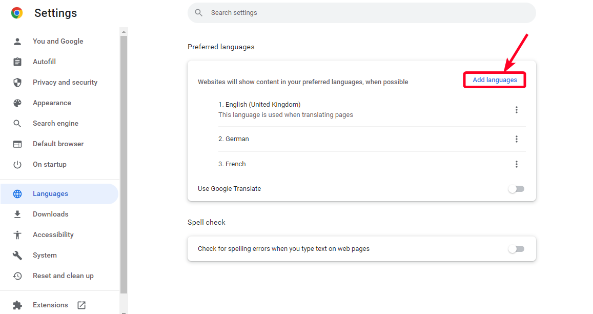 captura de tela do menu de configurações de idiomas preferidos no Google Chrome