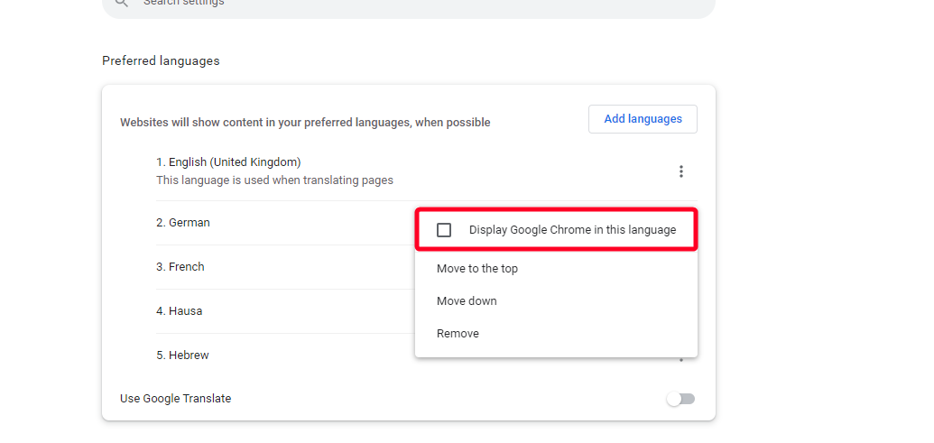 Exibir o Google Chrome nesta opção de idioma.