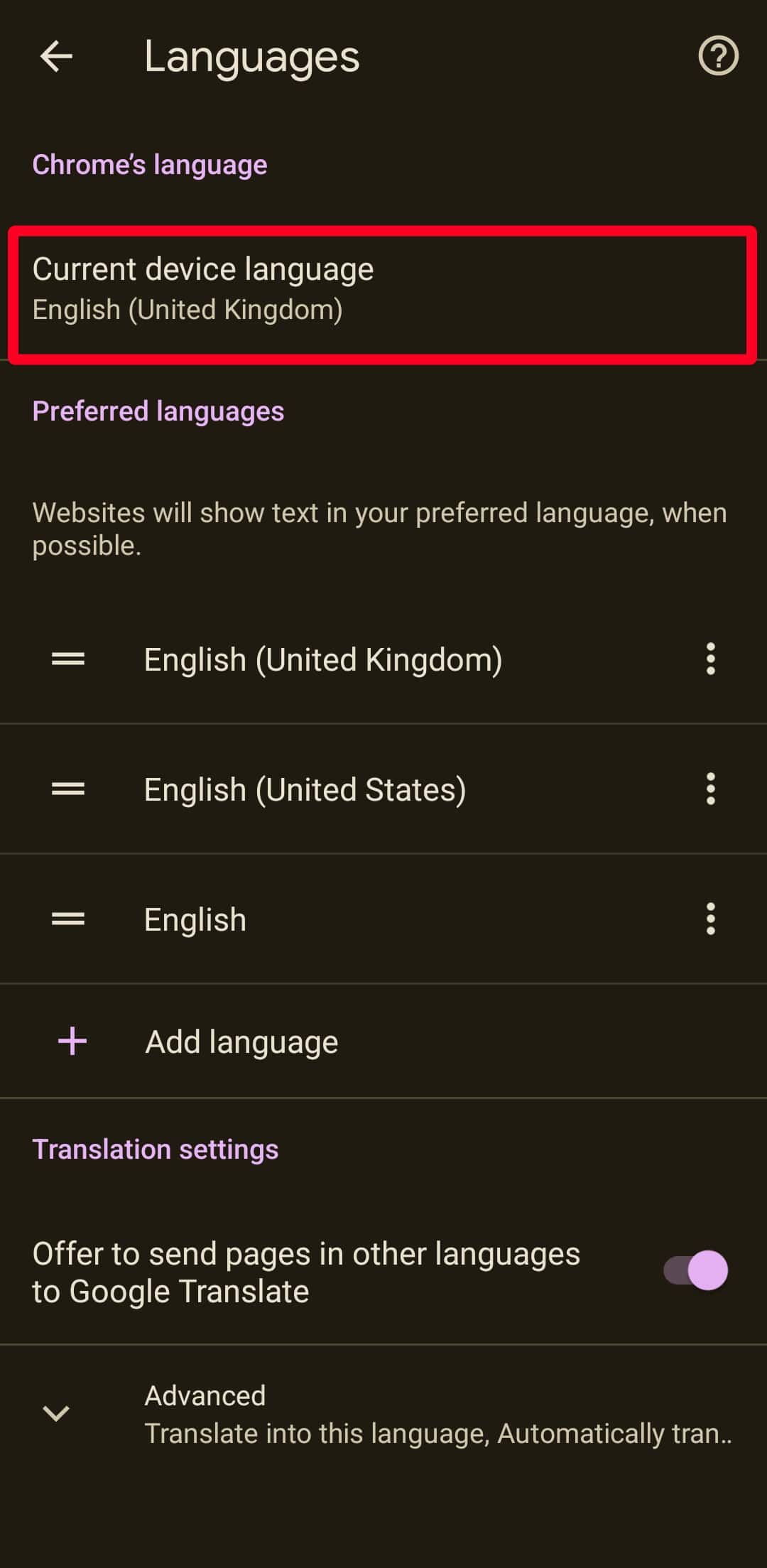 Menu de idiomas do Chrome no Android.