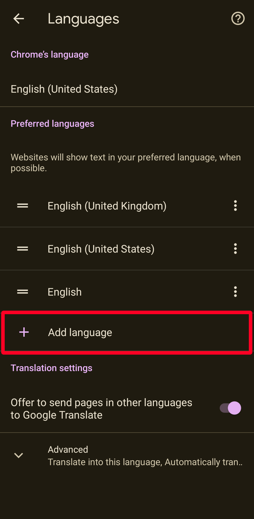 Menu de configurações de idiomas do Chrome no Android.