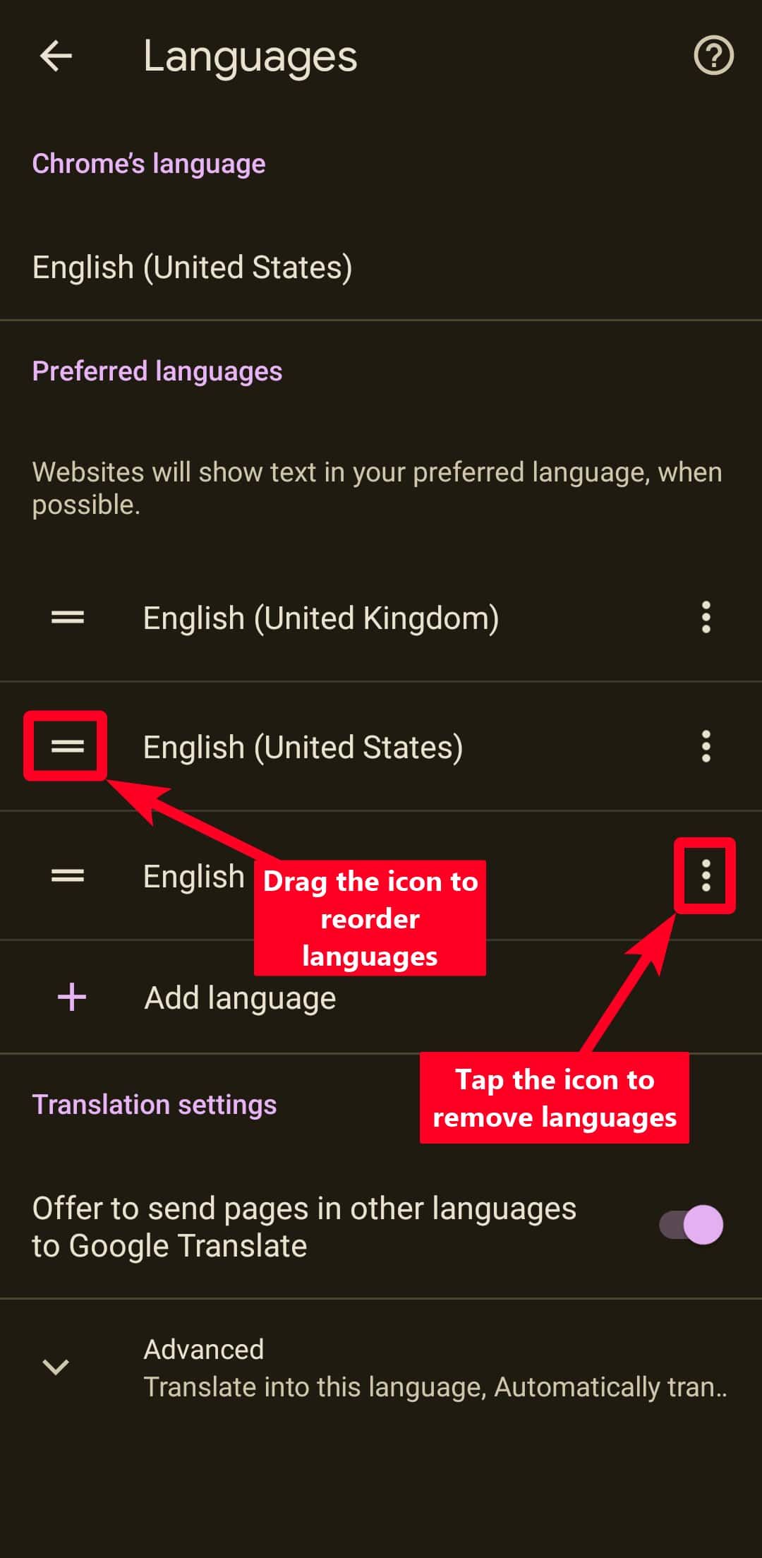 Reordenando idiomas preferidos no Chrome no Android.
