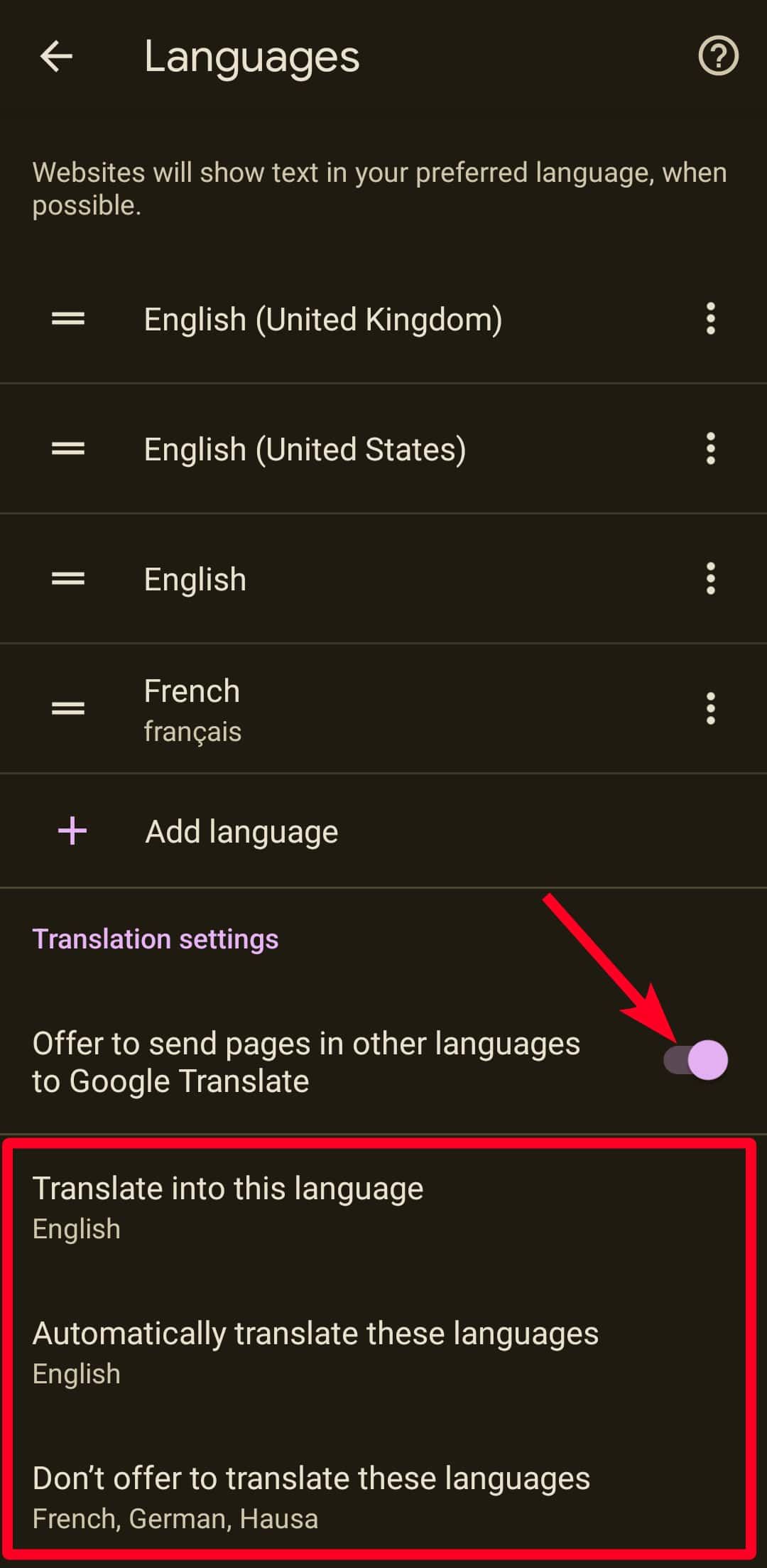 Configurações de tradução no Chrome no Android.