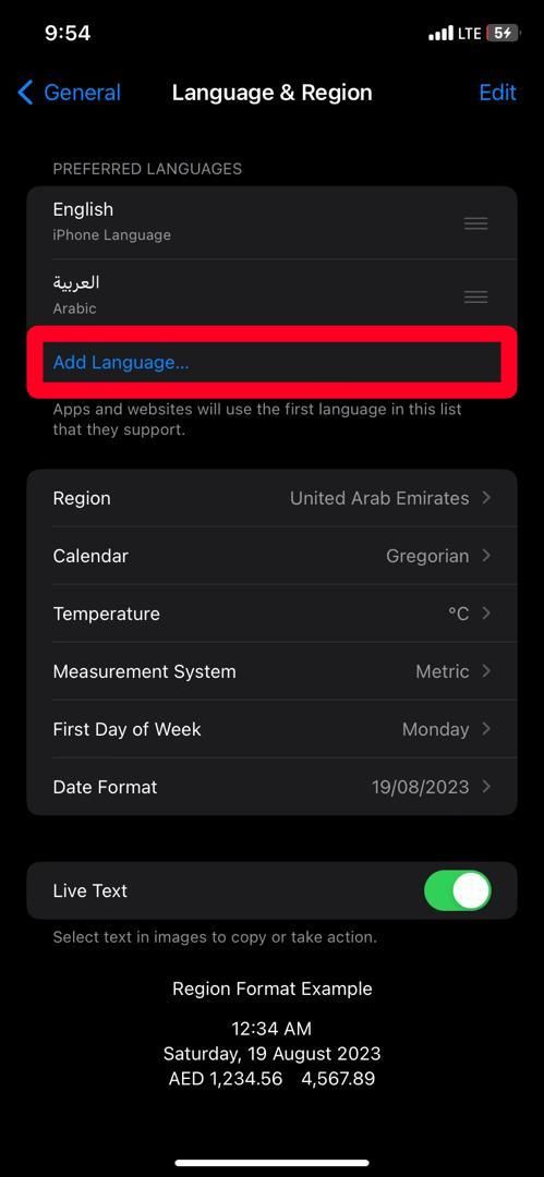 Menu Idioma e Região no iOS 16.