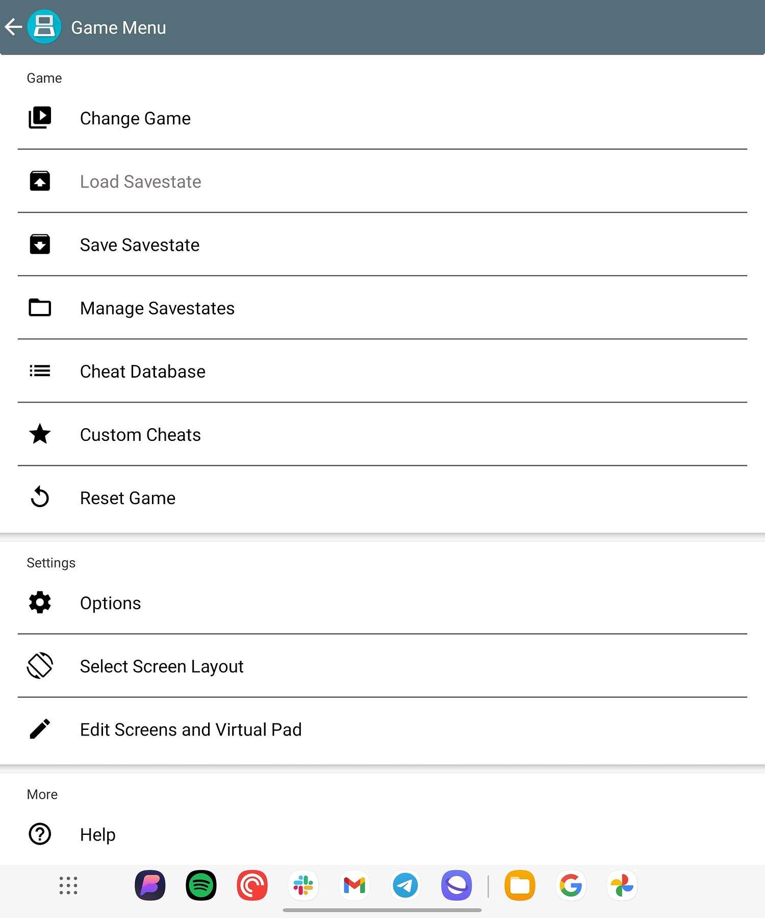 A tela do menu DraStic em um Galaxy Z Fold 5.