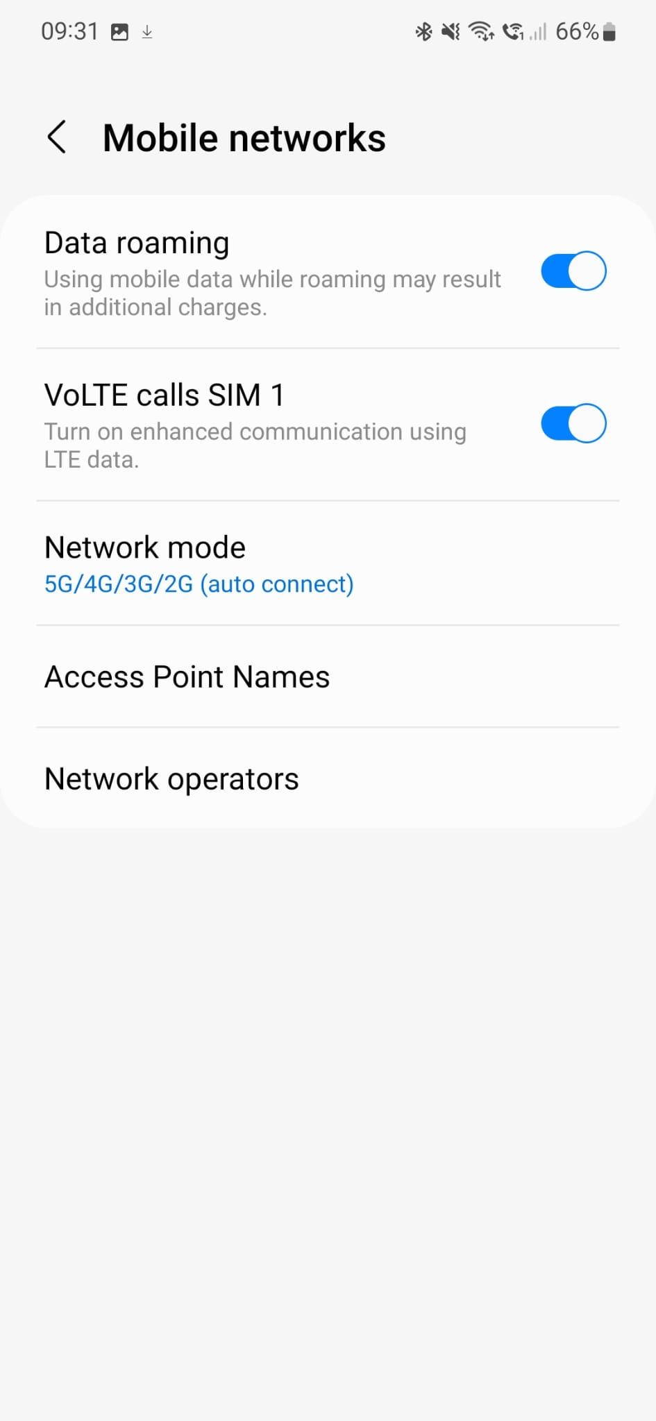 Tela de configurações de roaming do Samsung Galaxy