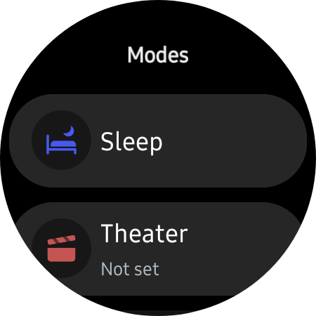 Captura de tela mostrando os modos de suspensão e teatro no Samsung Galaxy Watch 6