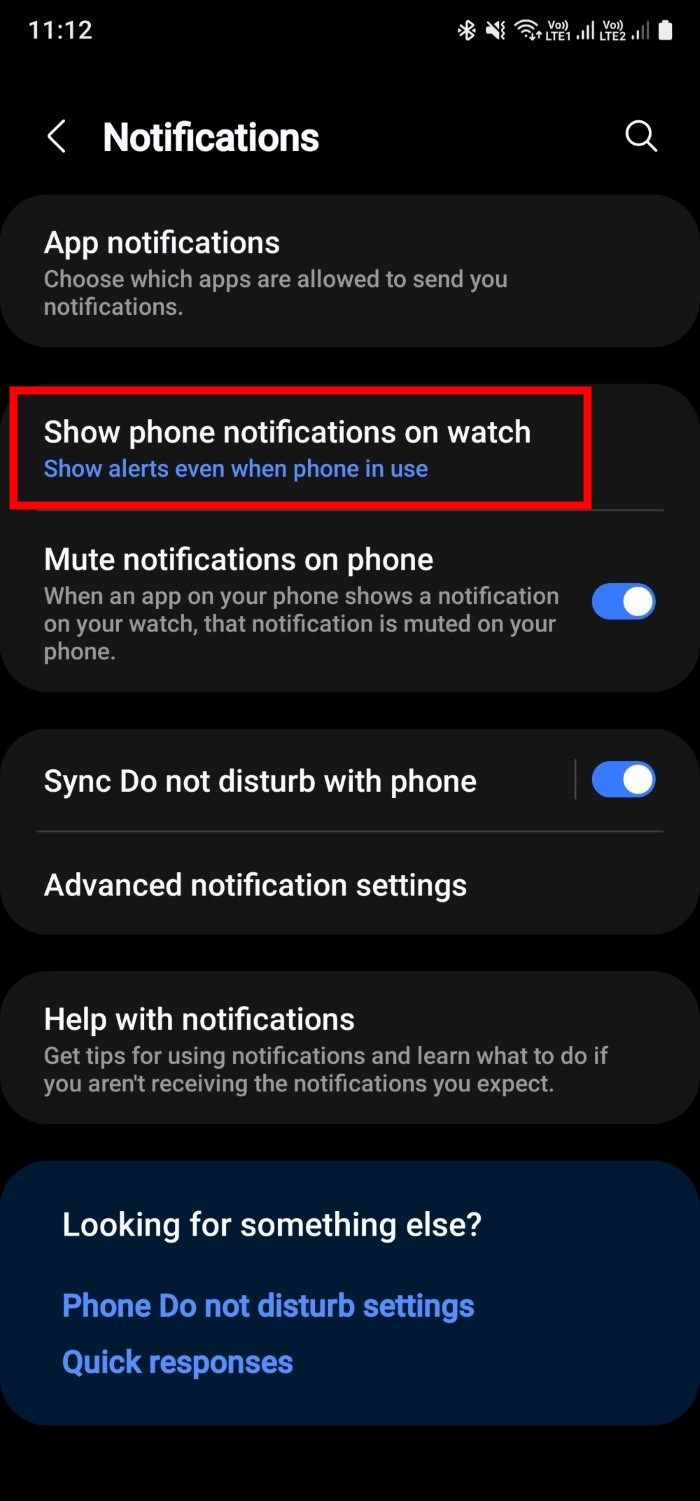 Captura de tela mostrando a opção Mostrar notificações no relógio no aplicativo Galaxy Wearable