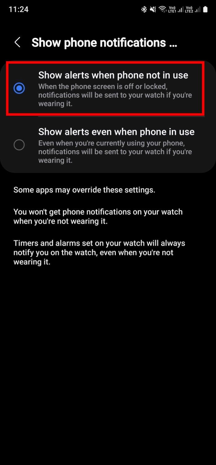 Captura de tela mostrando a opção de ser notificado quando não estiver usando a opção de telefone no aplicativo Galaxy Wearable