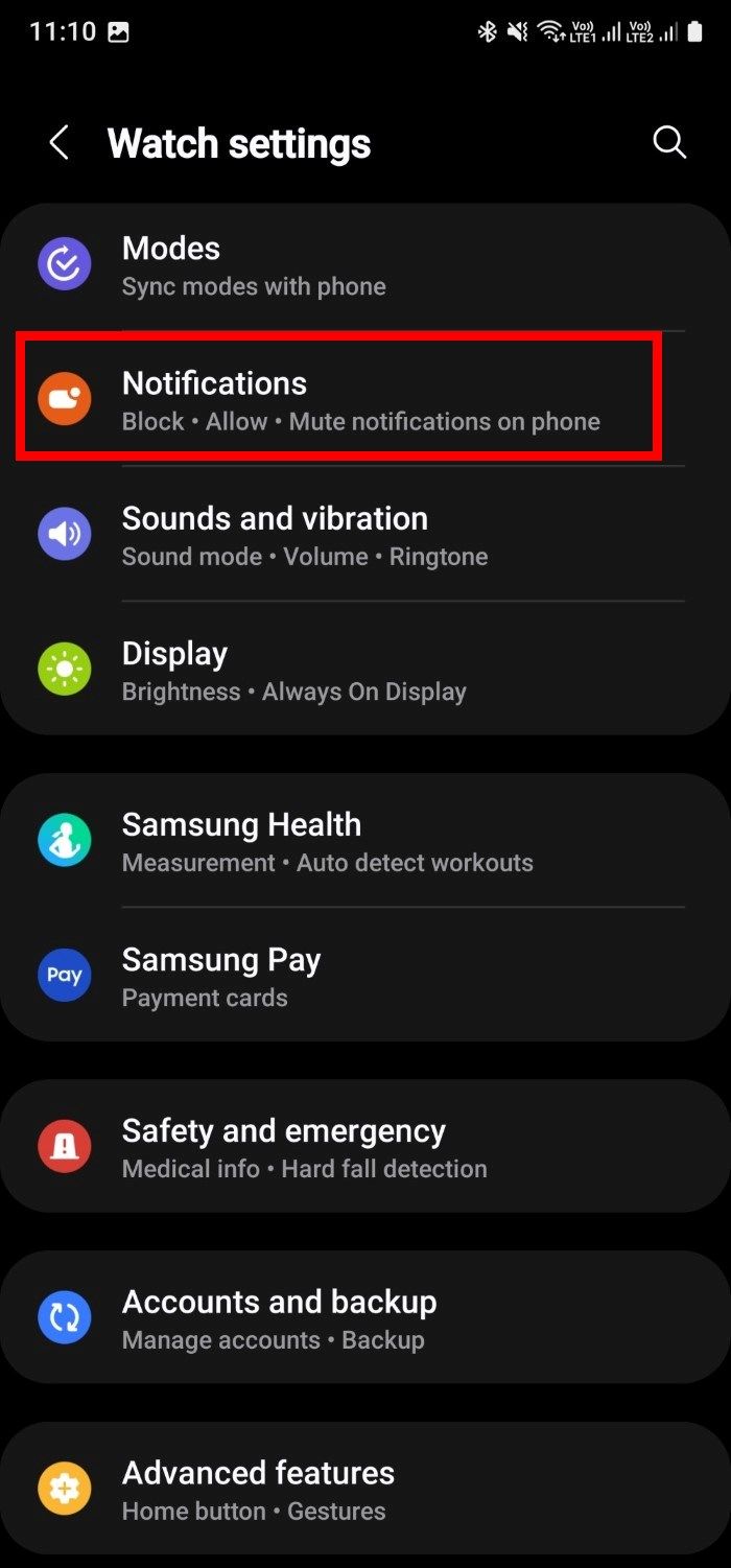 Captura de tela mostrando as diferentes opções no aplicativo Galaxy Wearable
