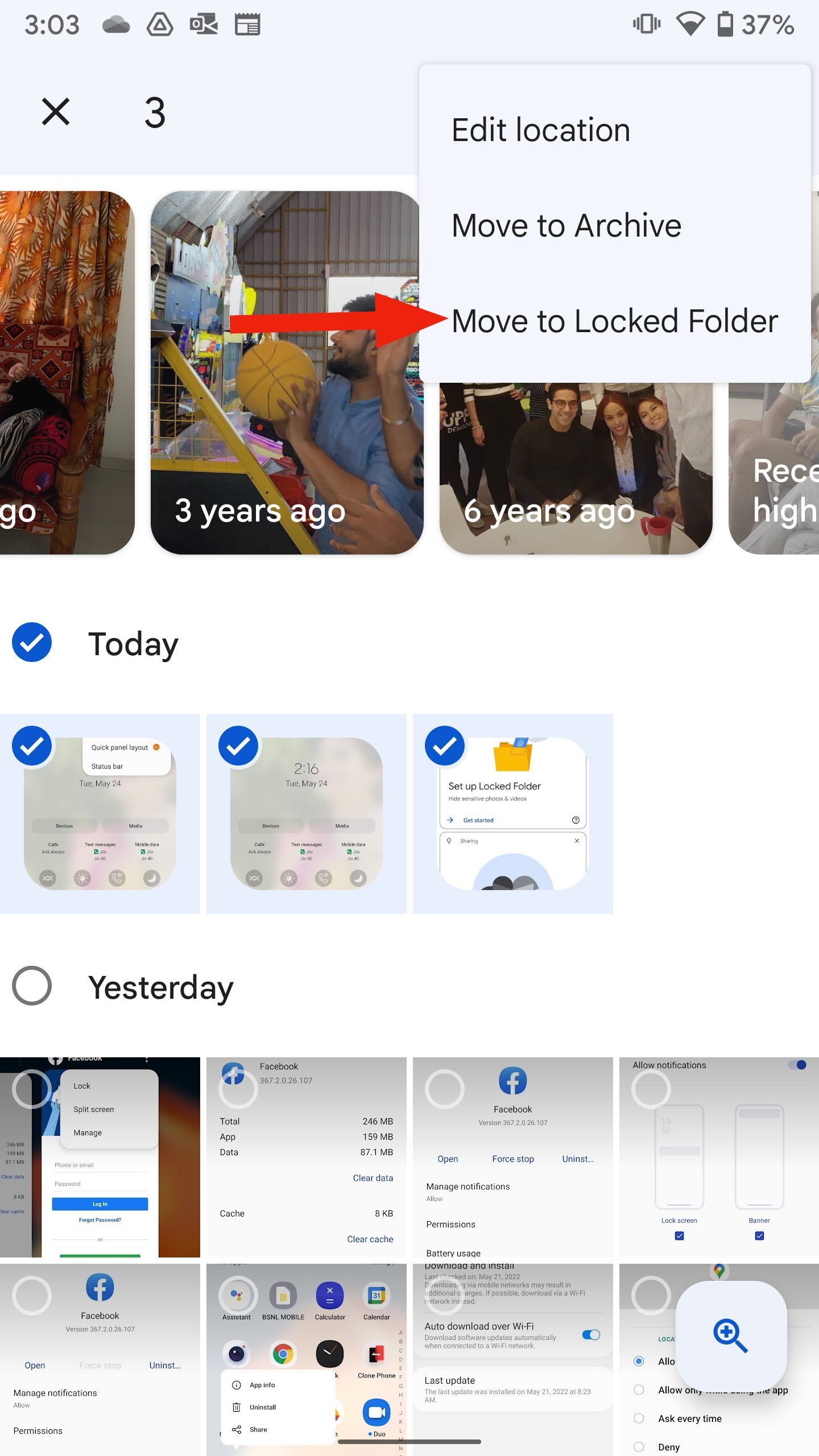 Uma captura de tela de alguém movendo fotos e vídeos para uma pasta bloqueada no Google Fotos